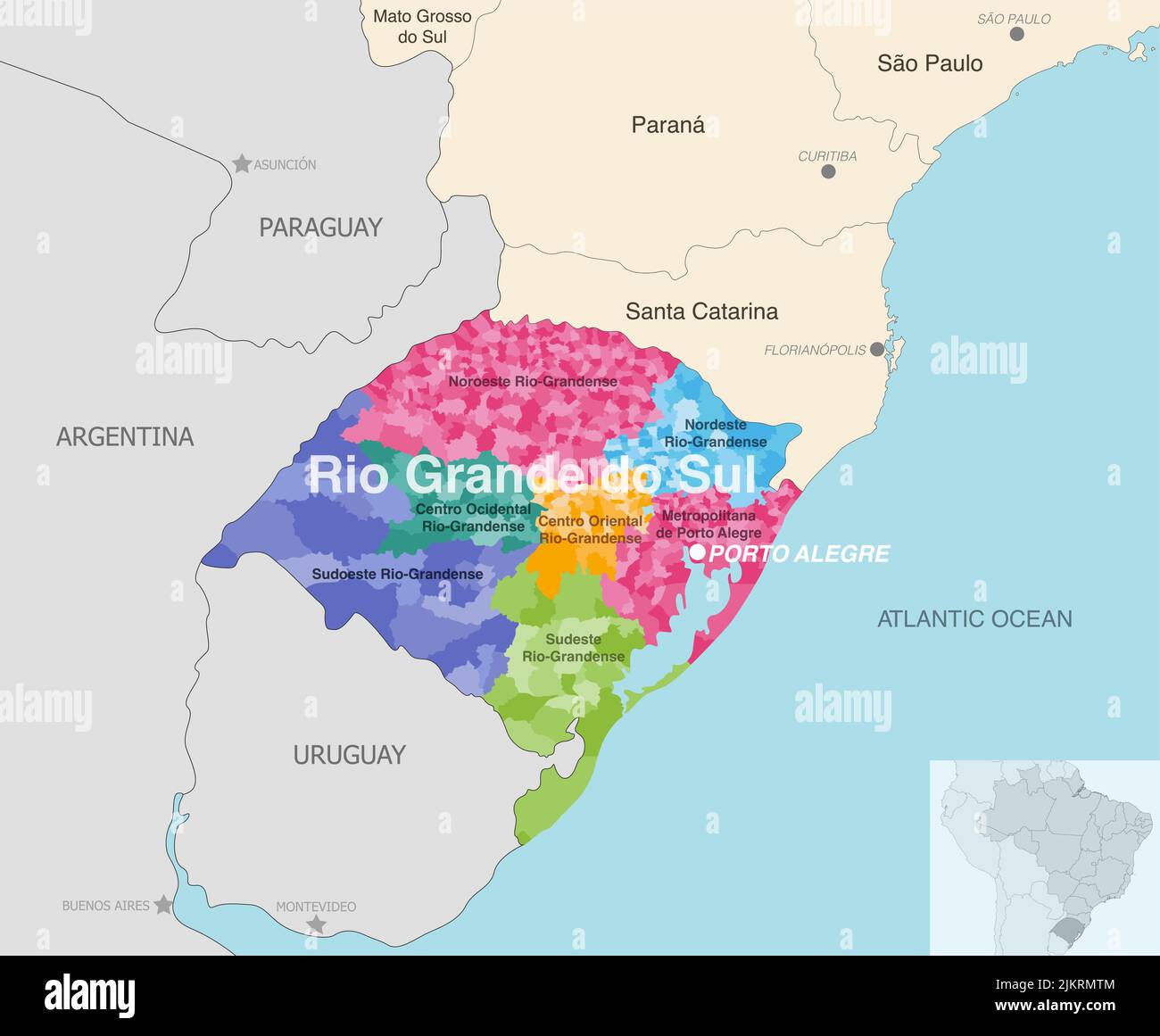 Brazil state Rio Grande do Sul administrative map showing municipalities colored by state regions (mesoregions) Stock Vector