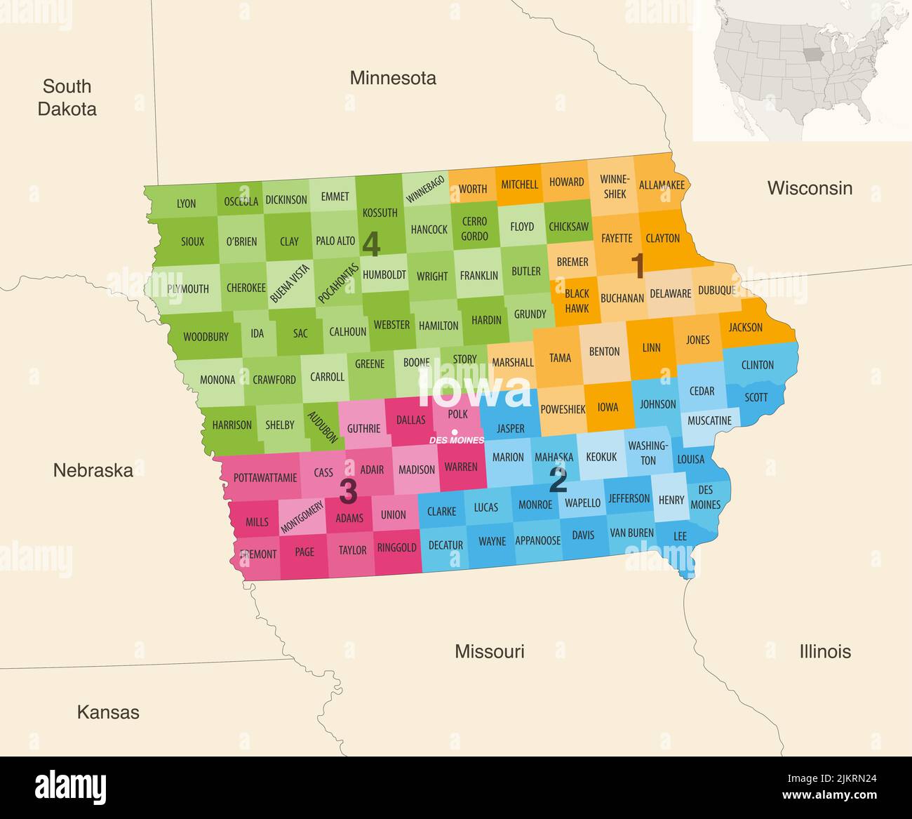 Iowa state counties colored by congressional districts vector map with neighbouring states and terrotories Stock Vector