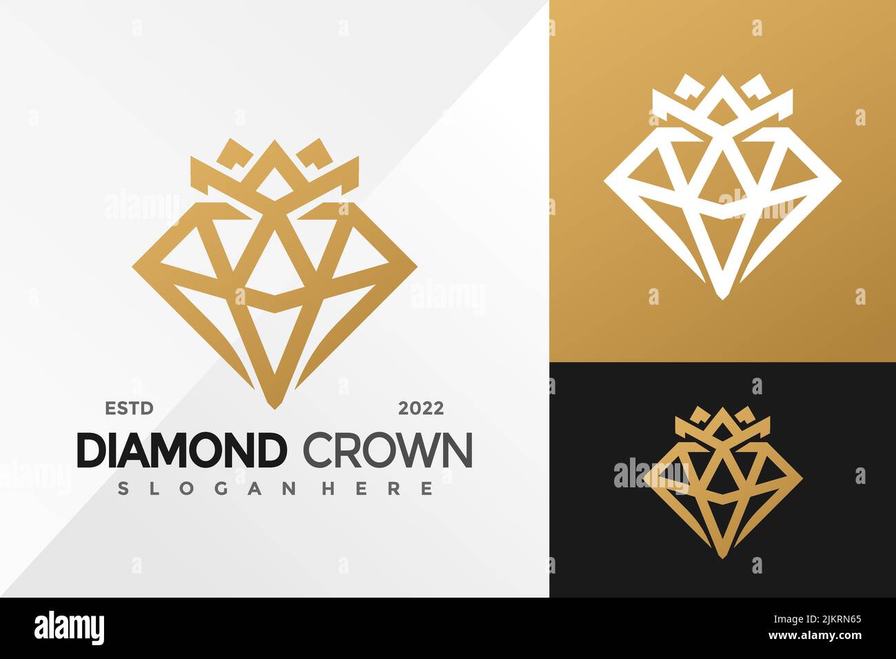 A digital illustration design of a diamond crown company logo template with gold, white, black palette Stock Vector