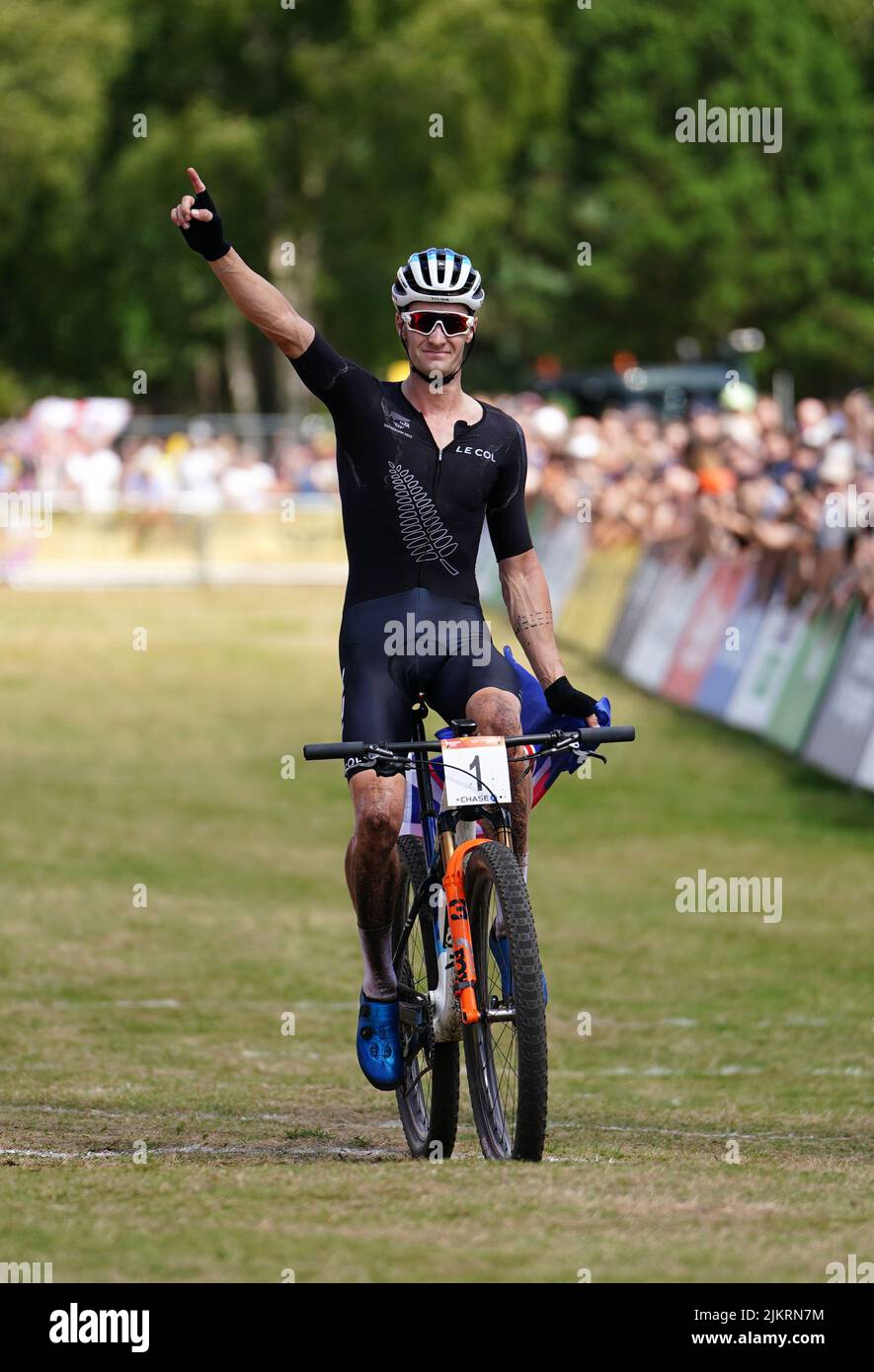 New Zealand's Samuel Gaze wins gold in Men's Cross-country final at Cannock Chase on day six of the 2022 Commonwealth Games. Picture date: Wednesday August 3, 2022. Stock Photo