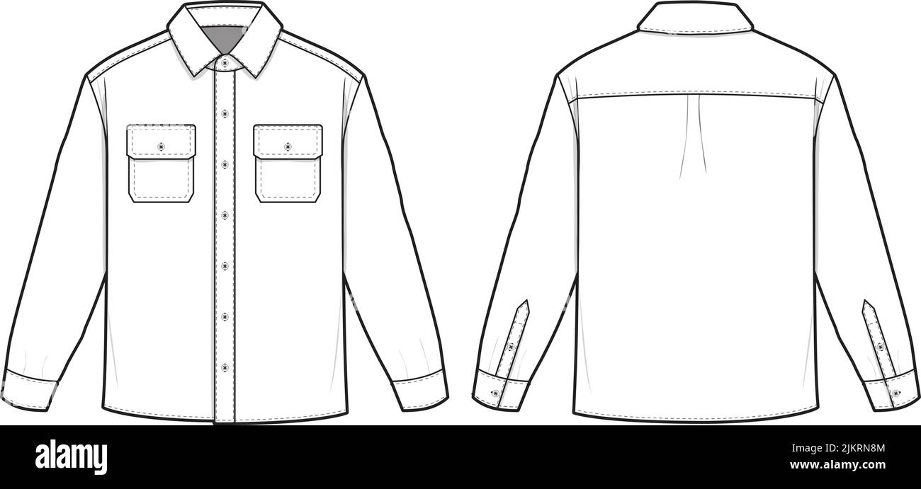 Boys Long Sleeves Shirt fashion flat sketch template. Technical Fashion  Illustration. Shirt CAD. Front Placket with Button closure. Chest Pocket  Stock Vector