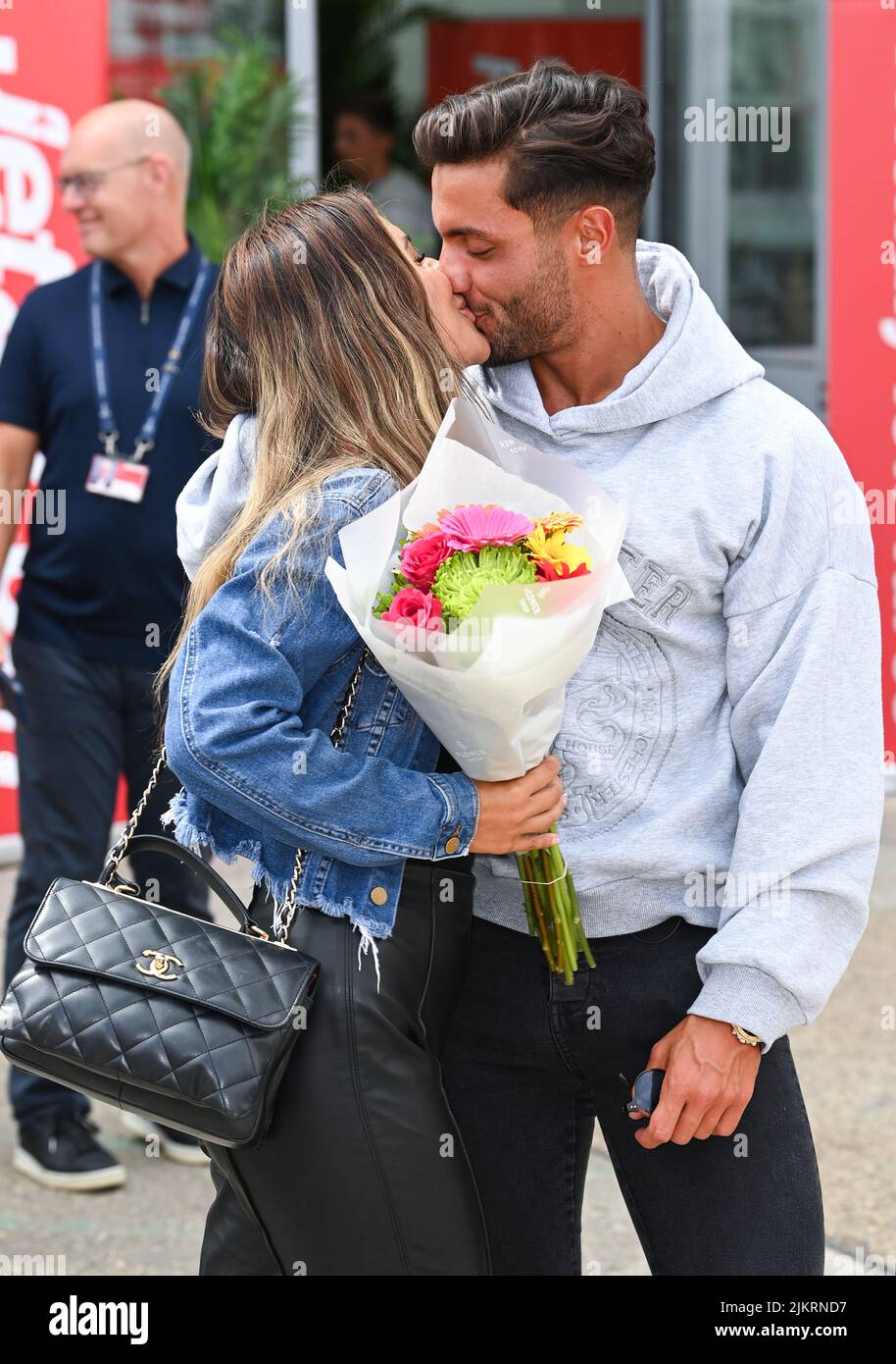Stansted, UK. 03rd Aug, 2022. London, UK. August 3rd, 2022. London, UK. Ekin-Su Culculoglu and Davide Sanclimenti, winners of Love Island 2022 arriving at Stansted Airport. Credit: Doug Peters/Alamy Live News Stock Photo