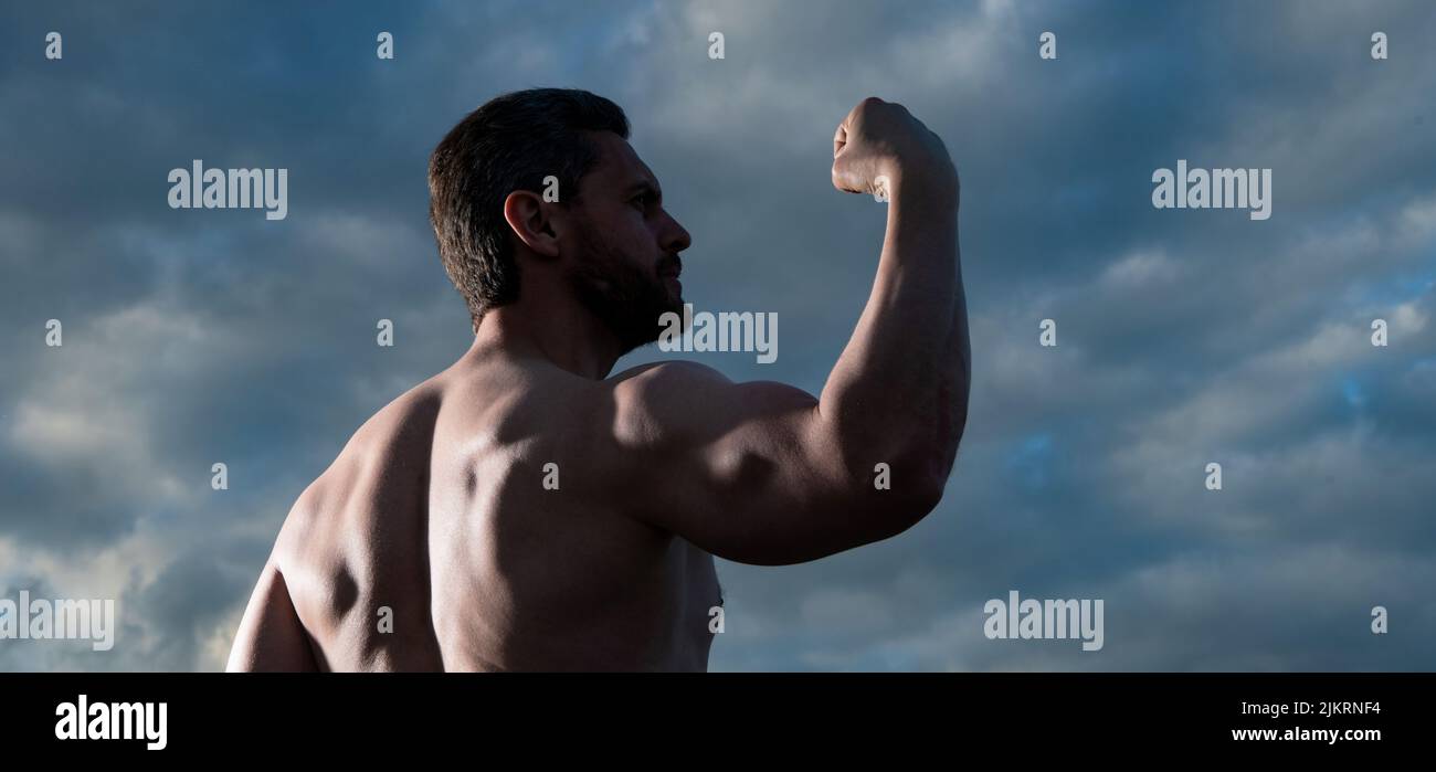 strong shirtless man. bodybuilder man with muscular torso. athletic man with biceps and triceps Stock Photo