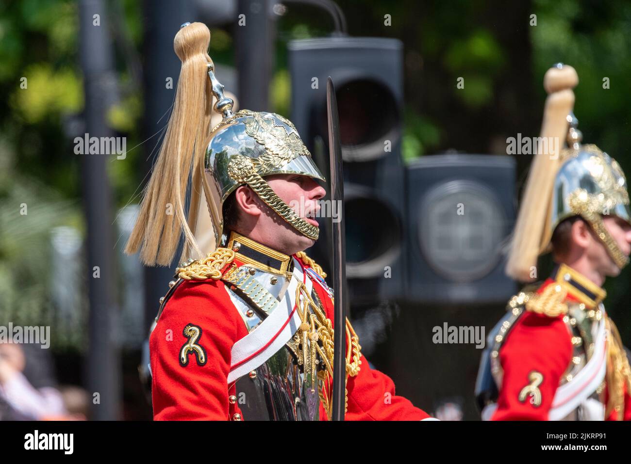 Life Guards of the Household Cavalry at Trooping the Colour 2022, Queen's Birthday Parade, The Mall, London. Equitation Instructors badge Stock Photo