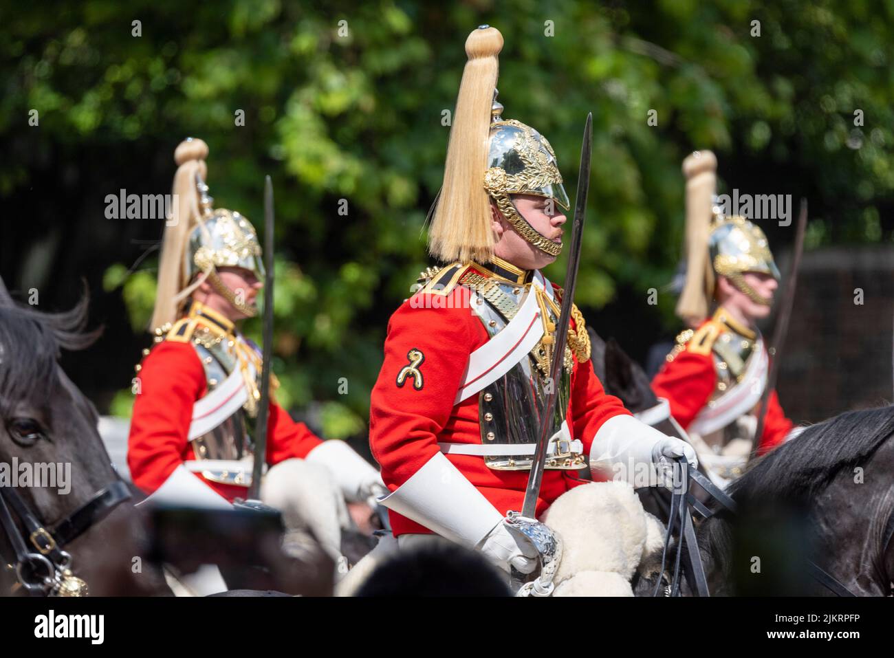 Life Guards of the Household Cavalry at Trooping the Colour 2022, Queen's Birthday Parade, The Mall, London. Equitation Instructors badge Stock Photo