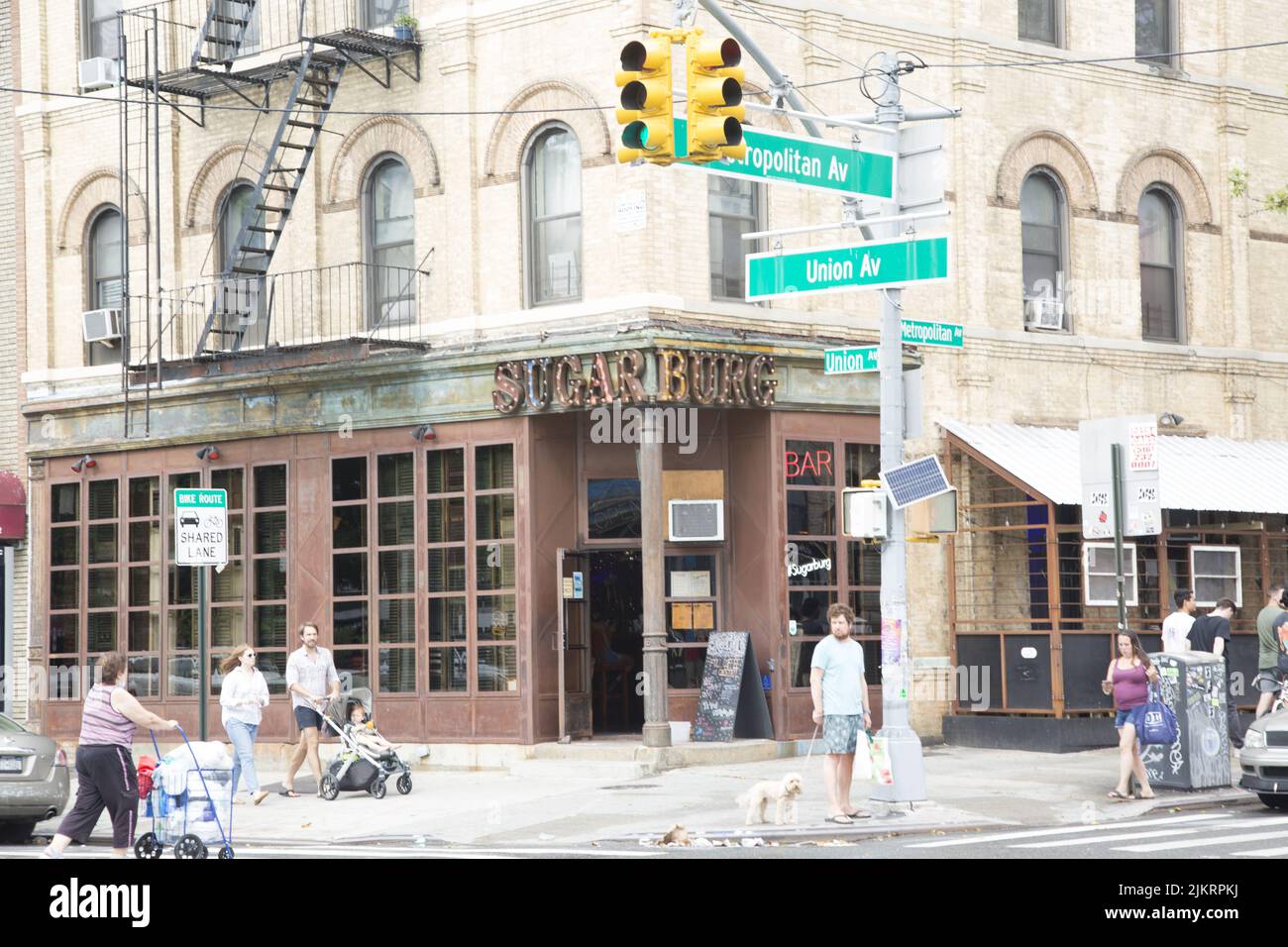 Corner of Metropolitan Avenue and Union Street in the Williamsburg section of Brooklyn, New York. Stock Photo
