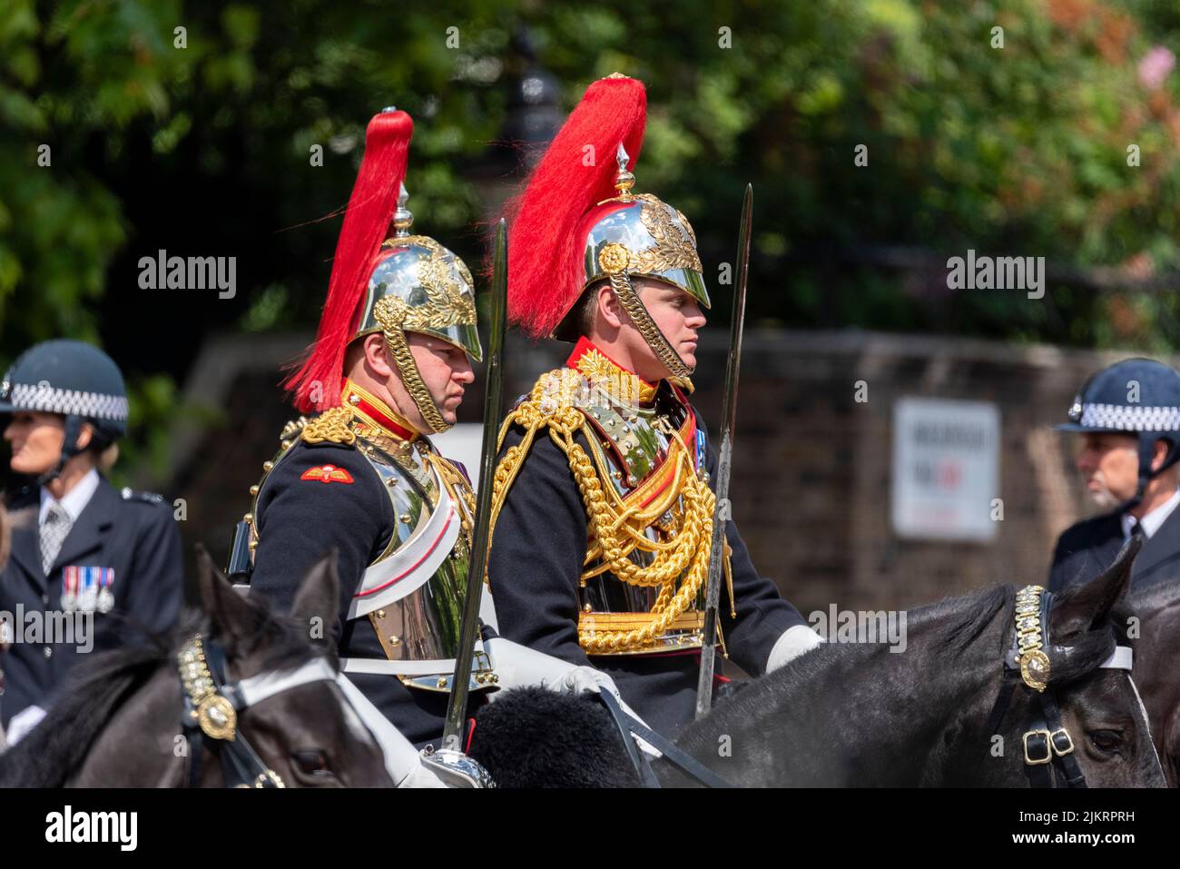Blues and Royals of the Household Cavalry riding at Trooping the Colour 2022, Platinum Jubilee, Queen's Birthday Parade, The Mall, London, UK Stock Photo