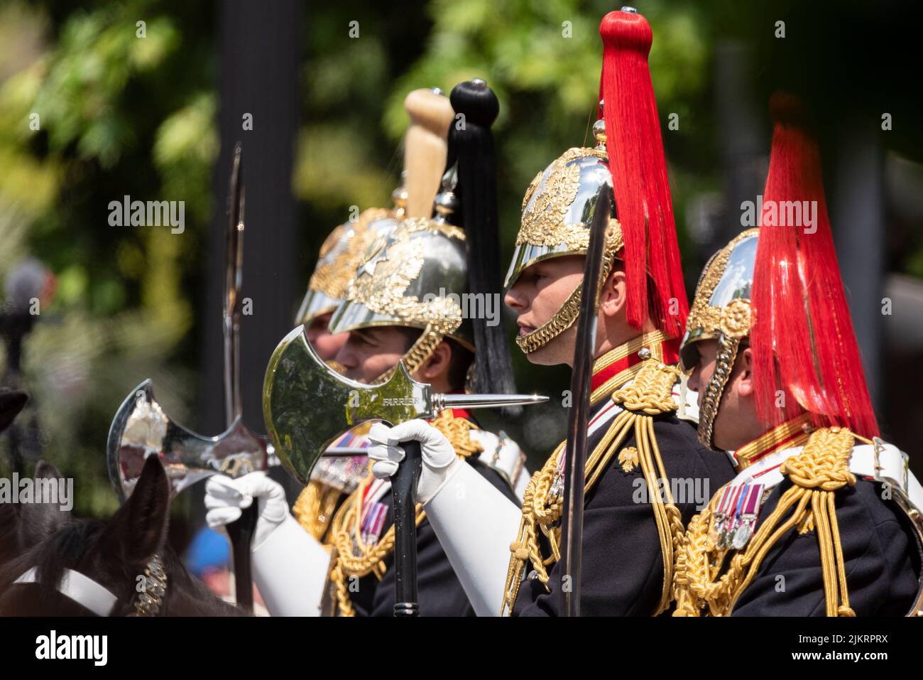Blues and Royals of Household Cavalry at Trooping the Colour 2022, Queen's Birthday Parade, The Mall, London. Farrier with ceremonial axe Stock Photo