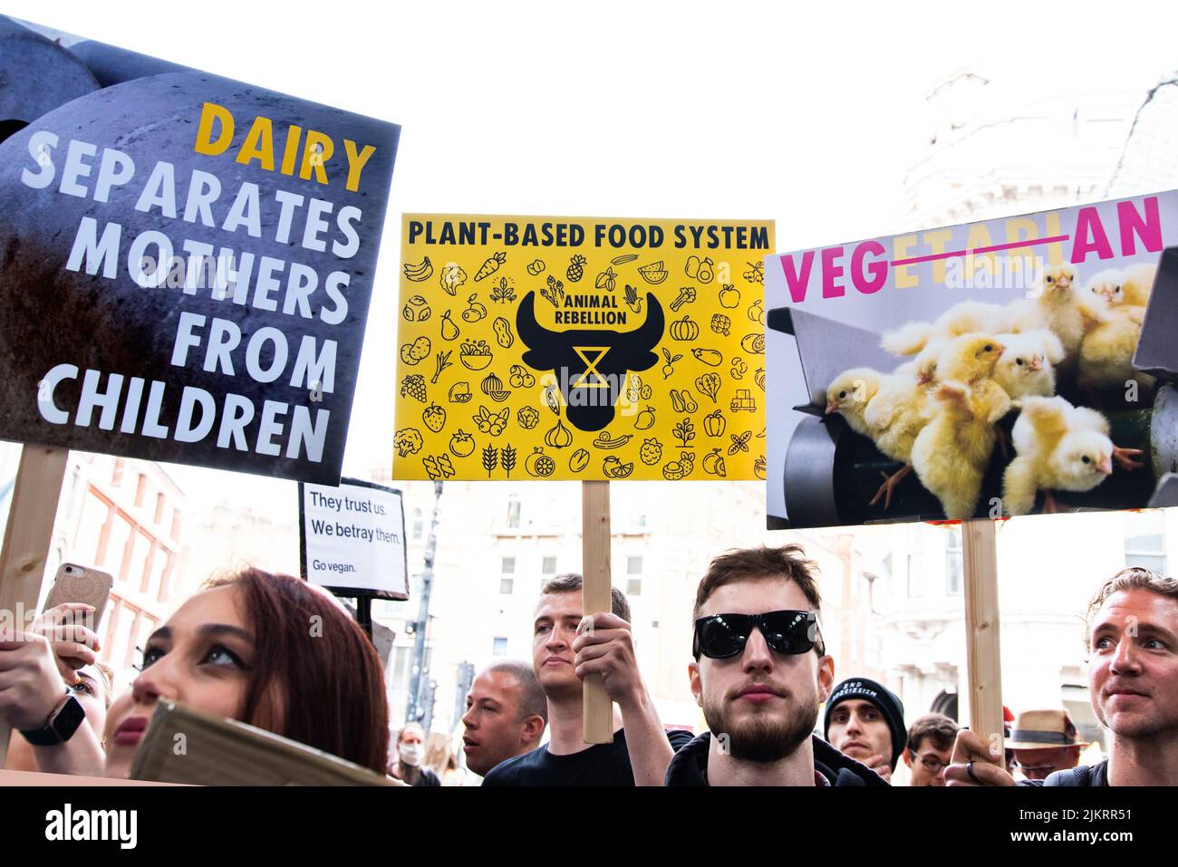 Animal rights placards held up by activists at the animal rights march, London 2021 Stock Photo
