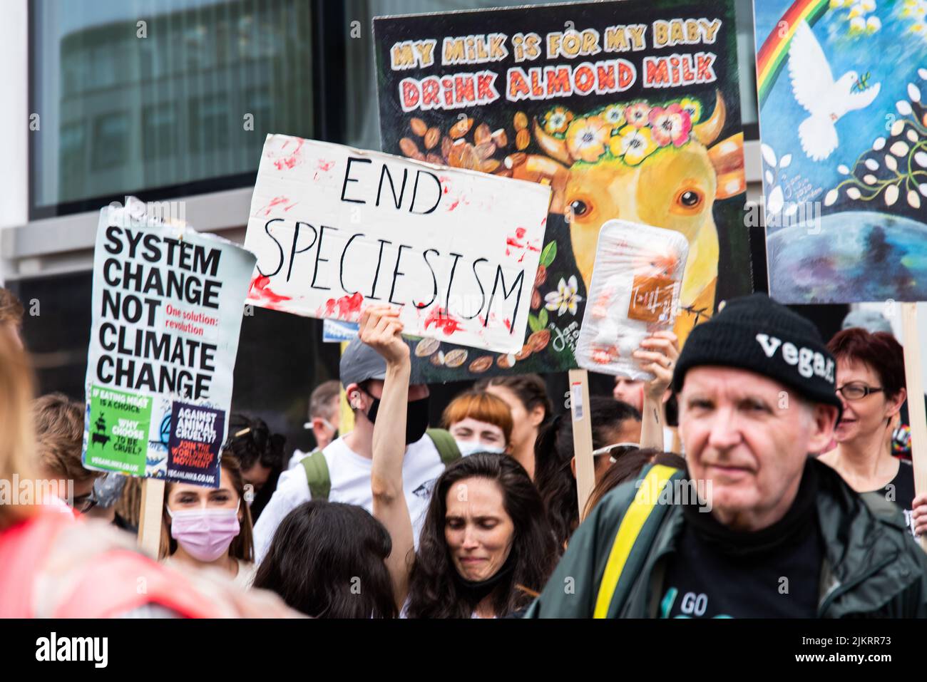 animal rights activist with end speciesism placard, animal rights march London 2021 Stock Photo
