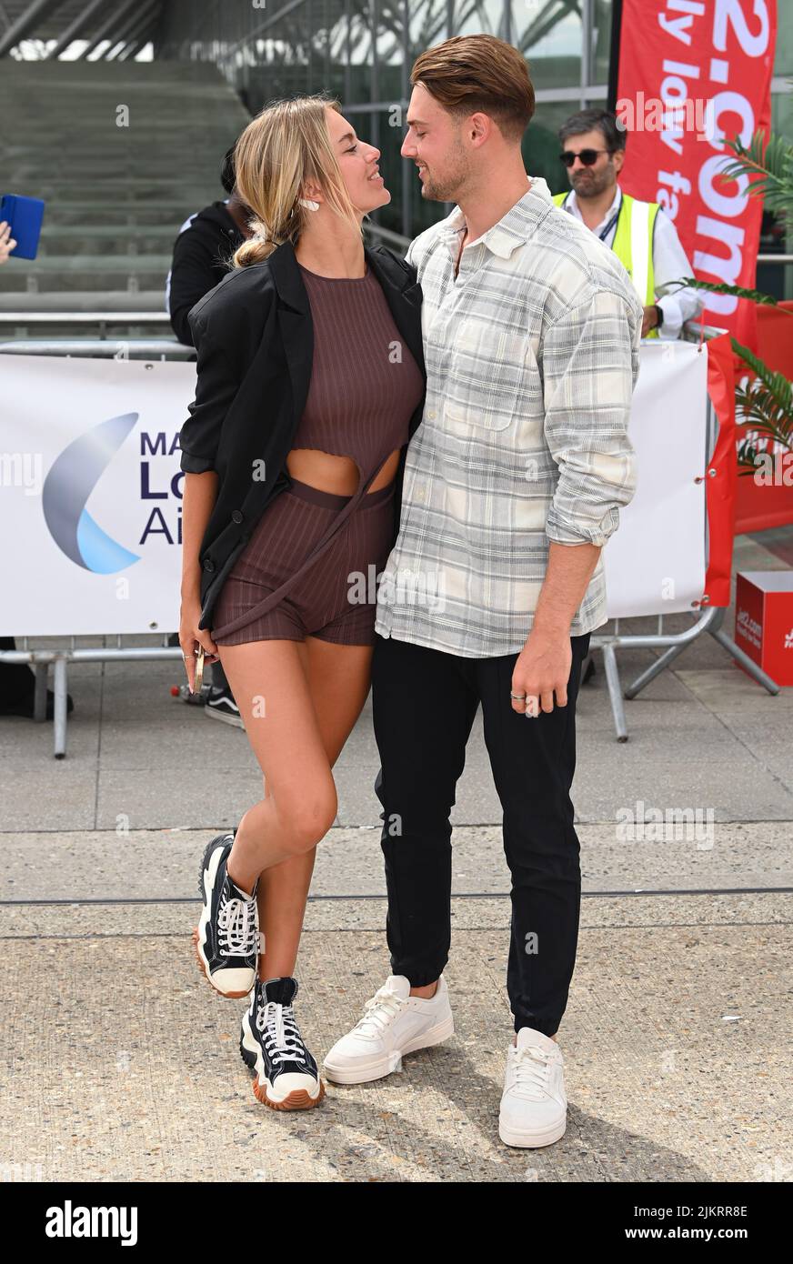 Stansted, UK. 03rd Aug, 2022. August 3rd, 2022. London, UK. Love Island 2022 contestants Tasha Ghouri and Andrew Le Page arriving at Stansted Airport. Credit: Doug Peters/Alamy Live News Stock Photo