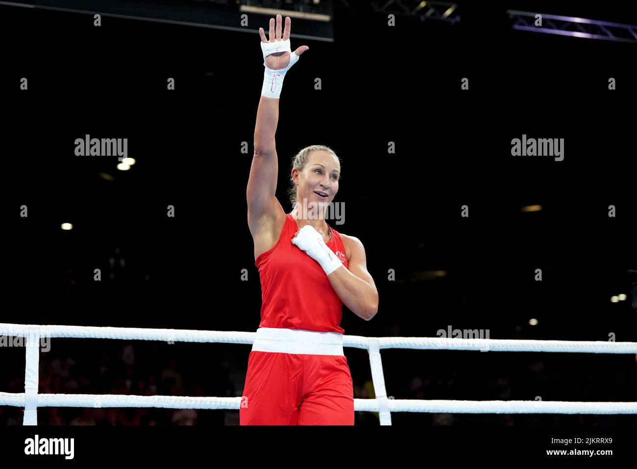 Australia's Kaye Frances Scott following the Women's Over 66kg-70kg (Light Middle) - Quarter-Final 2 bout against Sierra Leone's Zainab Keita at The NEC on day six of the 2022 Commonwealth Games in Birmingham. Picture date: Wednesday August 3, 2022. Stock Photo