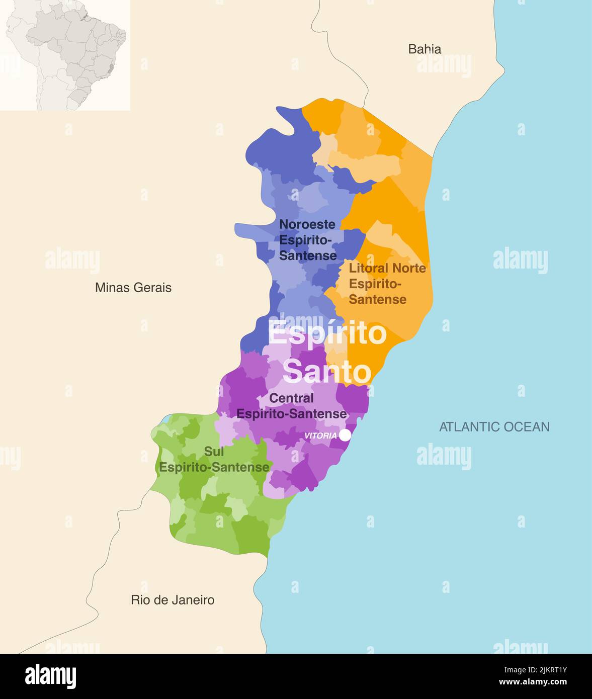 Brazil state Espirito Santo administrative map showing municipalities colored by state regions (mesoregions) Stock Vector