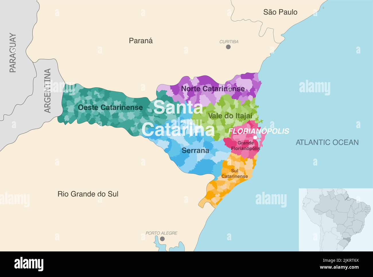 Brazil state Santa Catarina administrative map showing municipalities colored by state regions (mesoregions) Stock Vector