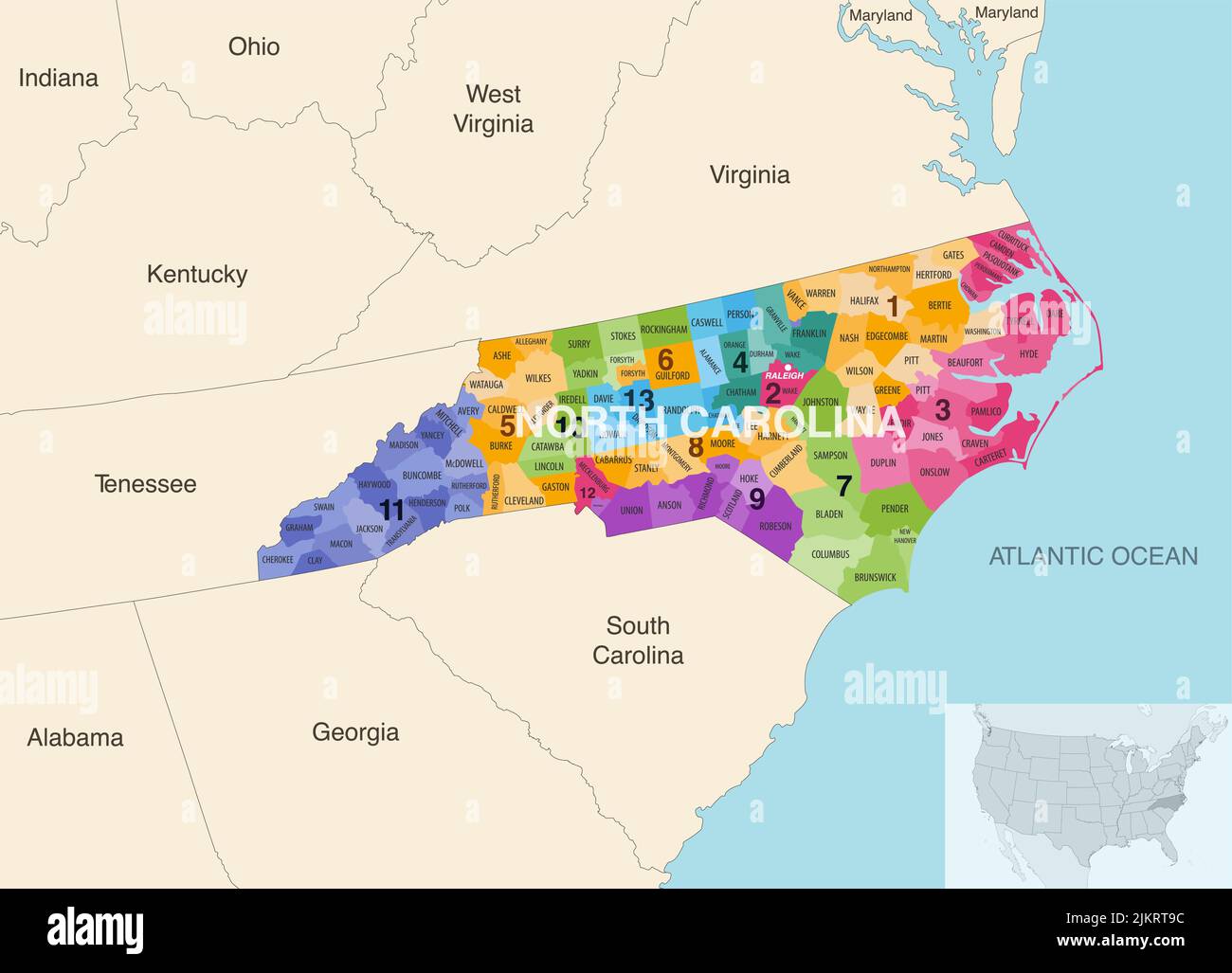 North Carolina state counties colored by congressional districts vector