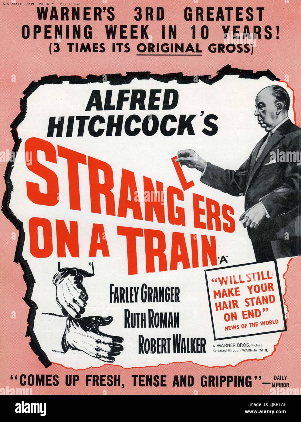 1961 re-release British Trade Ad for FARLEY GRANGER RUTH ROMAN and ROBERT WALKER in STRANGERS ON A TRAIN 1951 director ALFRED HITCHCOCK novel Patricia Highsmith screenplay Raymond Chandler Warner Bros. Stock Photo