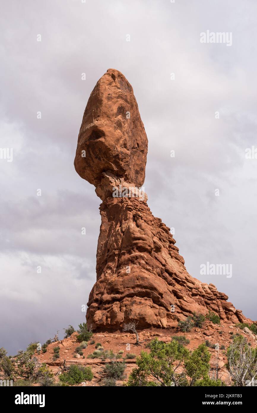 The iconic Balanced Rock in Arches Nationa Park, Utah stands 128 feet high the top stone is