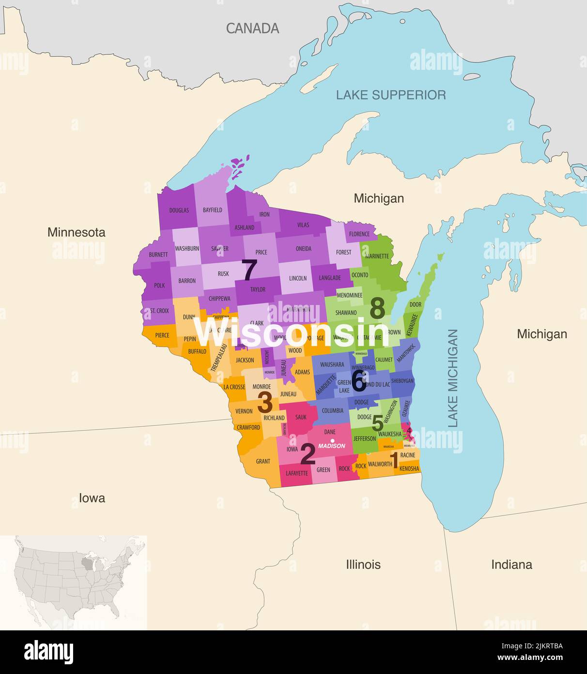 Wisconsin state counties colored by congressional districts vector map with neighbouring states and terrotories Stock Vector