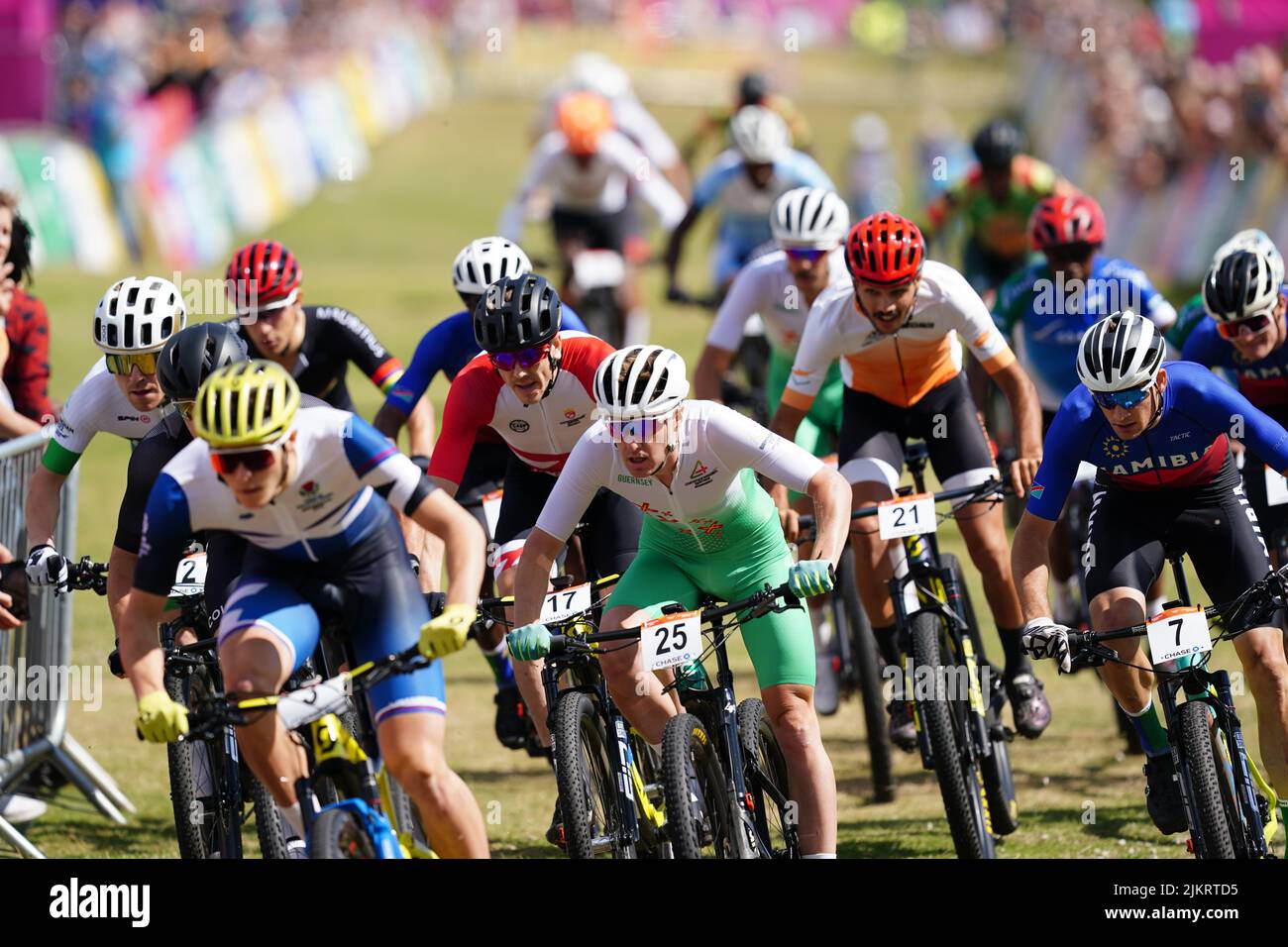 Guernsey's James Roe (centre) during the Men's Cross-country final at Cannock Chase on day six of the 2022 Commonwealth Games. Picture date: Wednesday August 3, 2022. Stock Photo