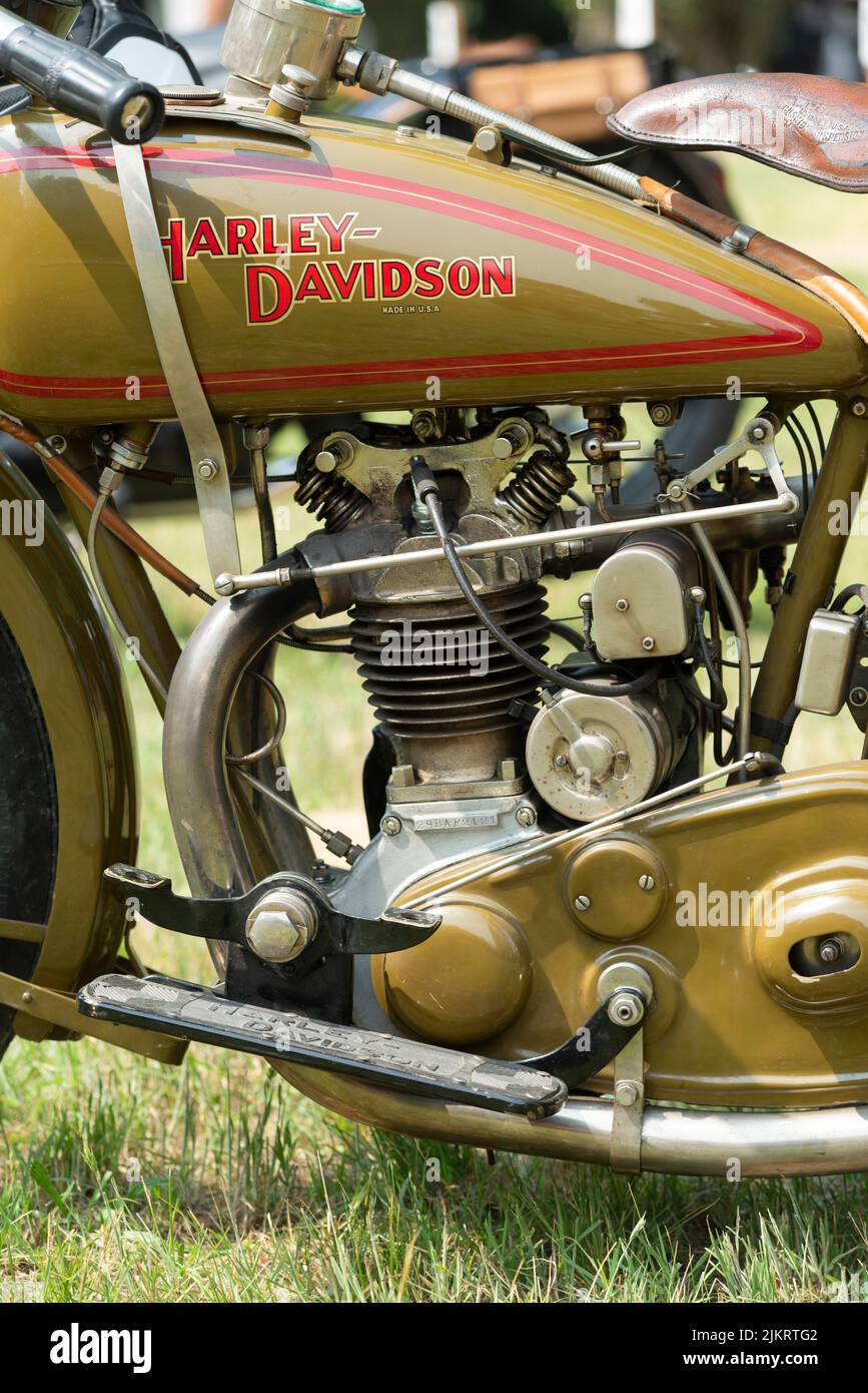 1929 Harley Davidson  350 cc. OHV Two Pipes Classic American Motorcycle, Engine Stock Photo