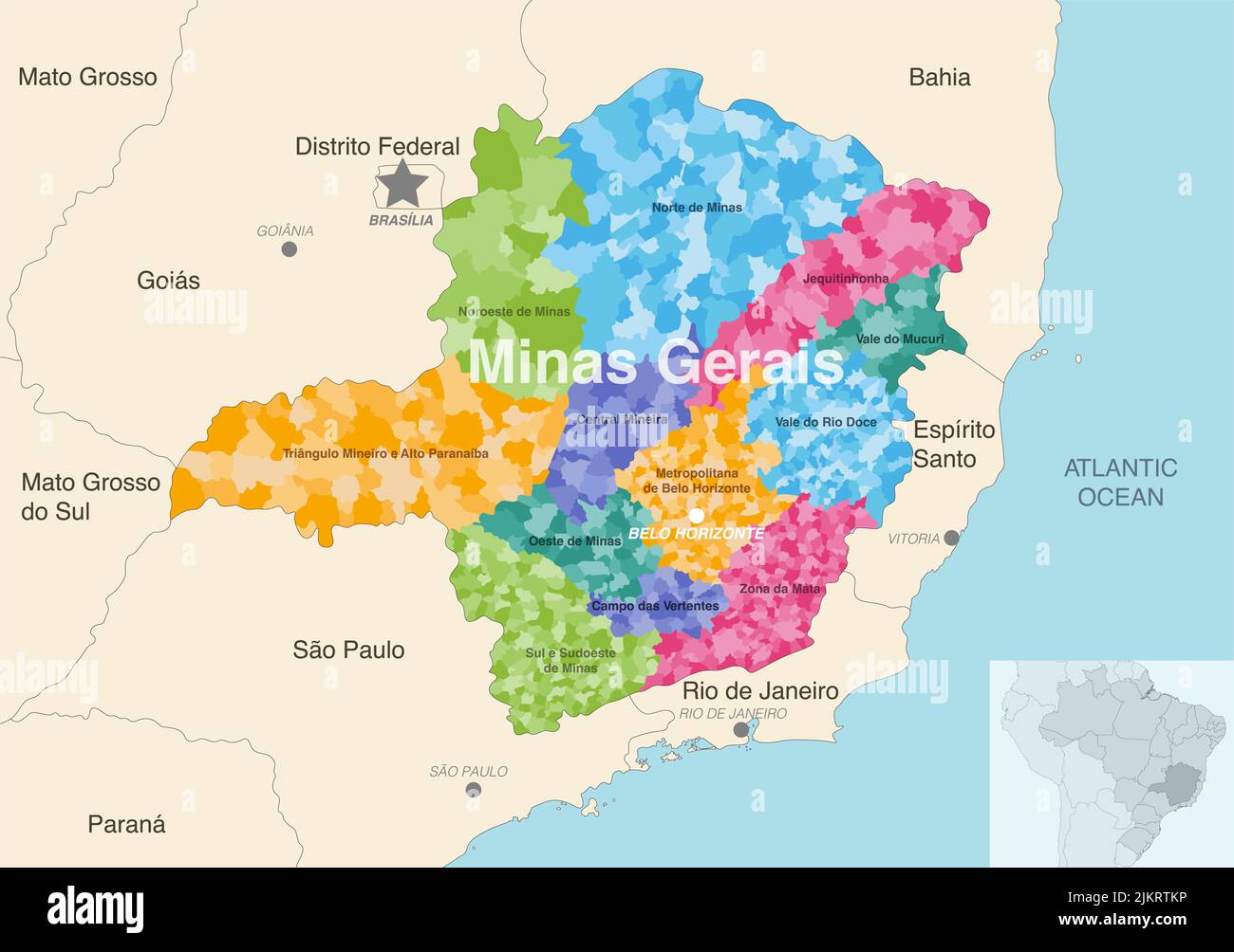 Brazil state Minas Gerais administrative map showing municipalities colored by state regions (mesoregions) Stock Vector