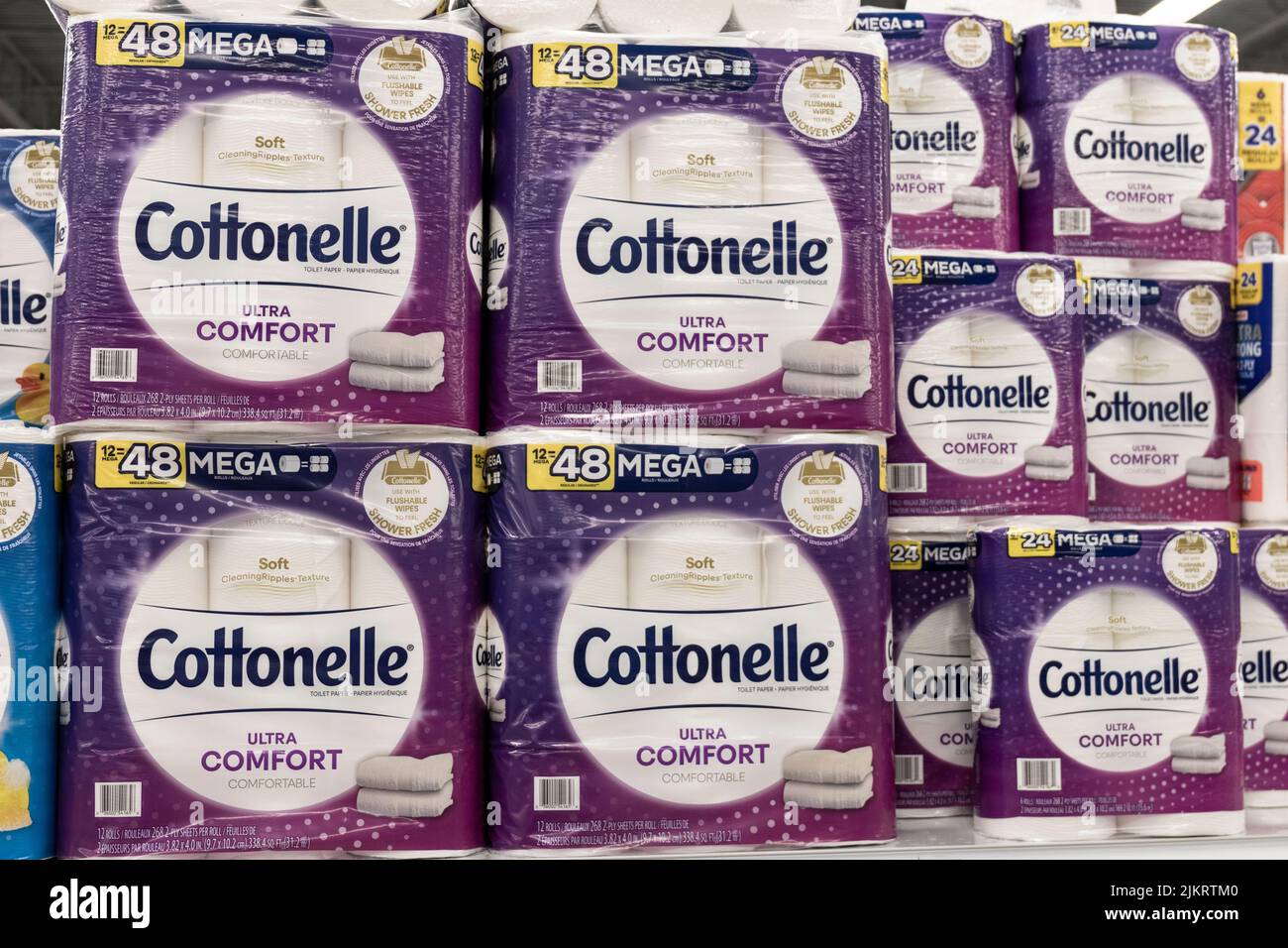 Indianapolis - Circa July 2022: Cottonelle toilet paper and toilet tissue display. Cottonelle is a hygiene product manufactured by Kimberly-Clark (KMB Stock Photo