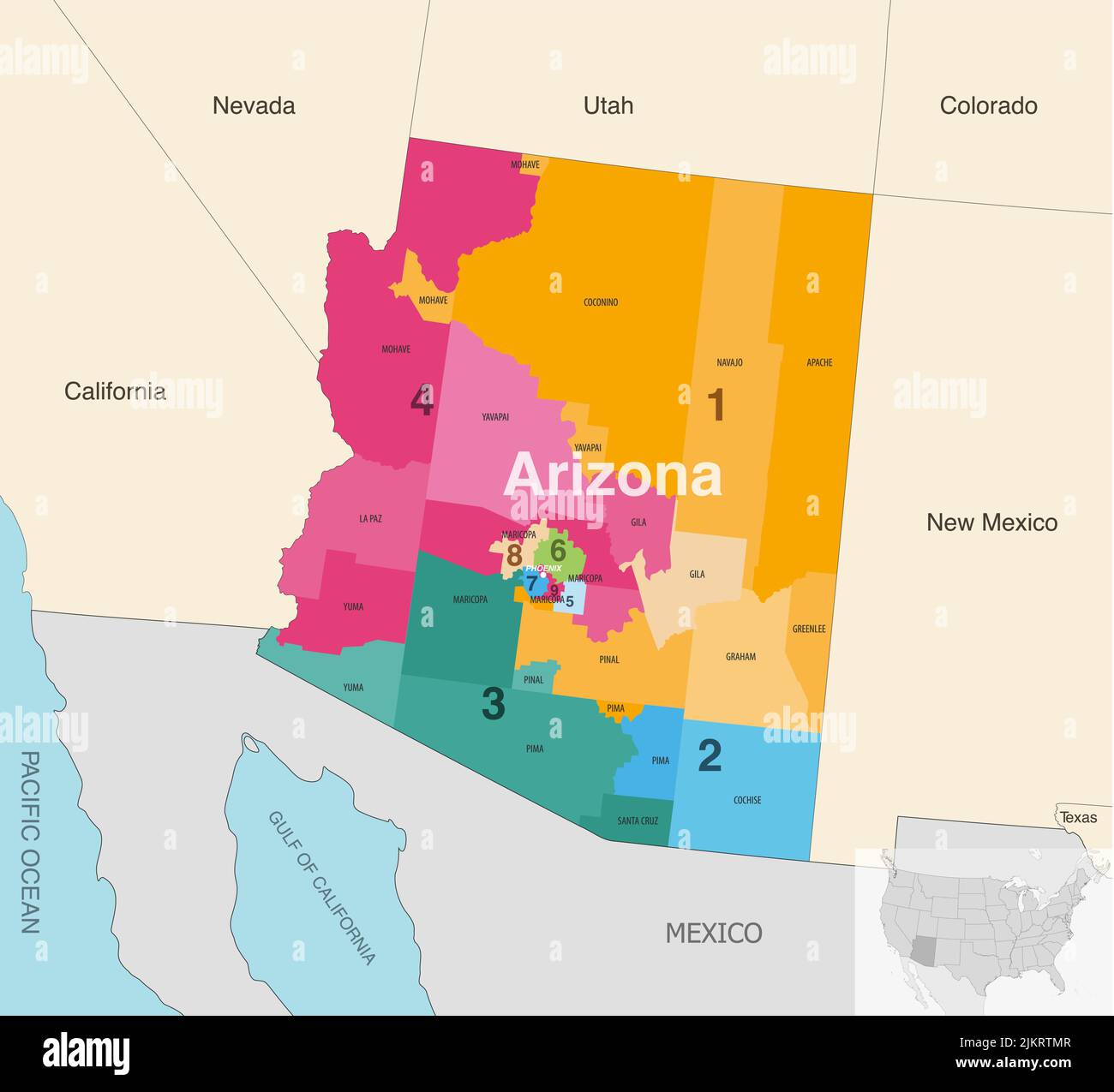 Arizona state counties colored by congressional districts vector map
