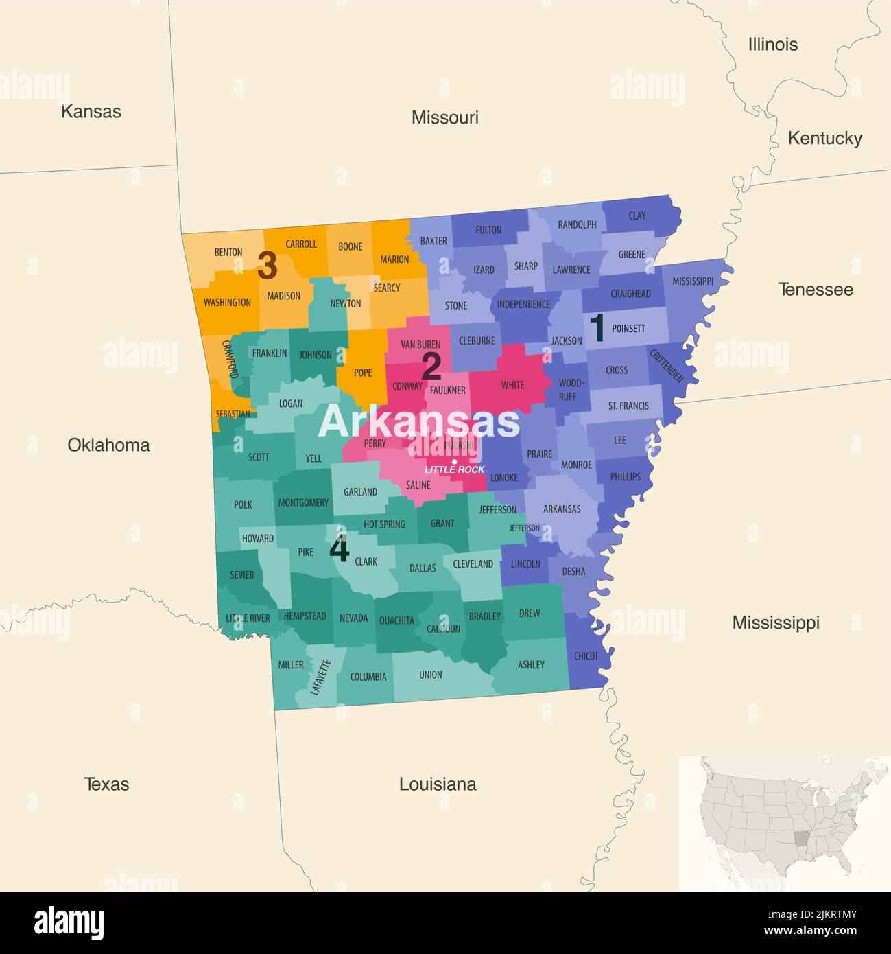 Arkansas State Counties Colored By Congressional Districts Vector Map With Neighbouring States 6009