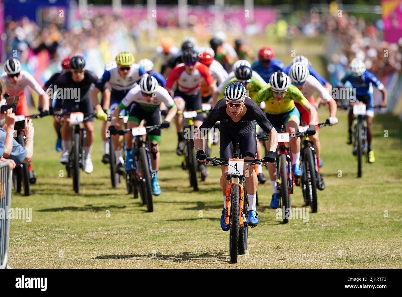 New Zealand's Samuel Gaze (centre) during the Men's Cross-country final at Cannock Chase on day six of the 2022 Commonwealth Games. Picture date: Wednesday August 3, 2022. Stock Photo
