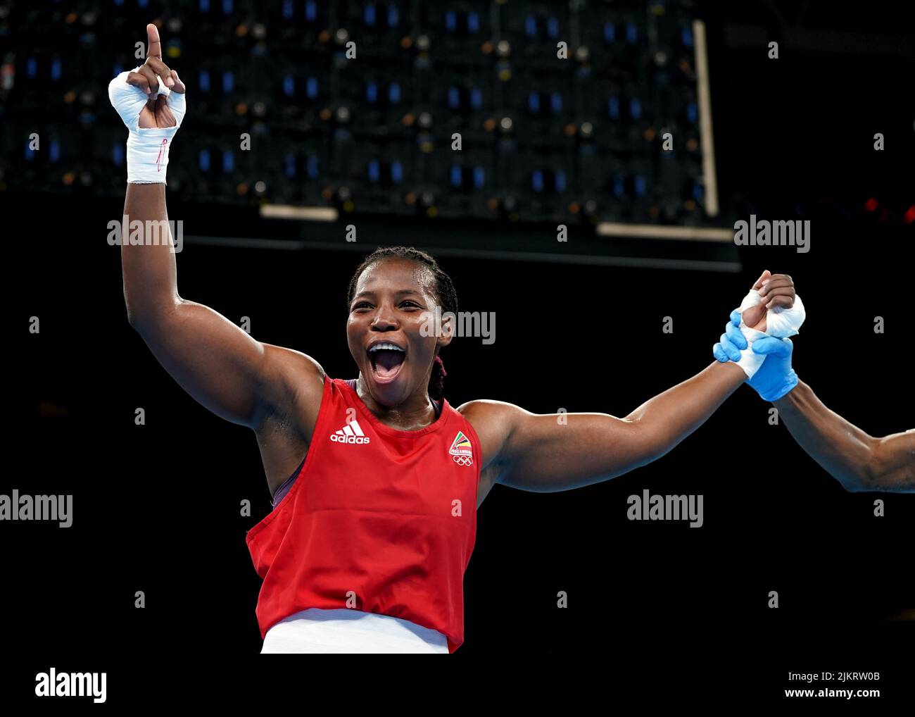 Mozambique's Rady Gramane celebrates victory over England's Kerry Davis following the Women's Over 70kg-75kg (Middleweight) - Quarter-Final 1 at The NEC on day six of the 2022 Commonwealth Games in Birmingham. Picture date: Wednesday August 3, 2022. Stock Photo