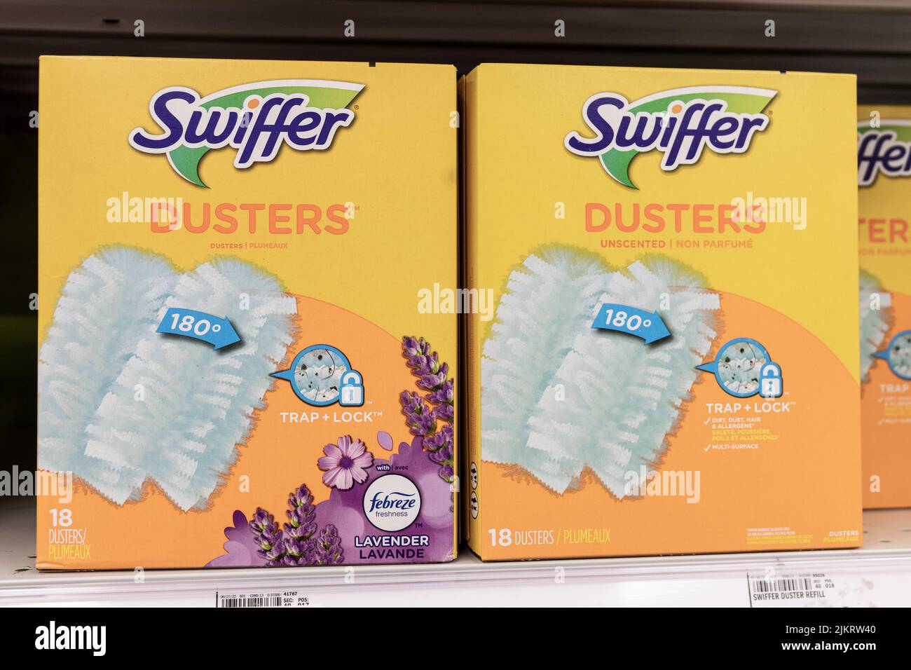 Indianapolis - Circa July 2022: Swiffer Dusters display. Swiffer is a cleaning product manufactured by Procter & Gamble (P&G). Stock Photo
