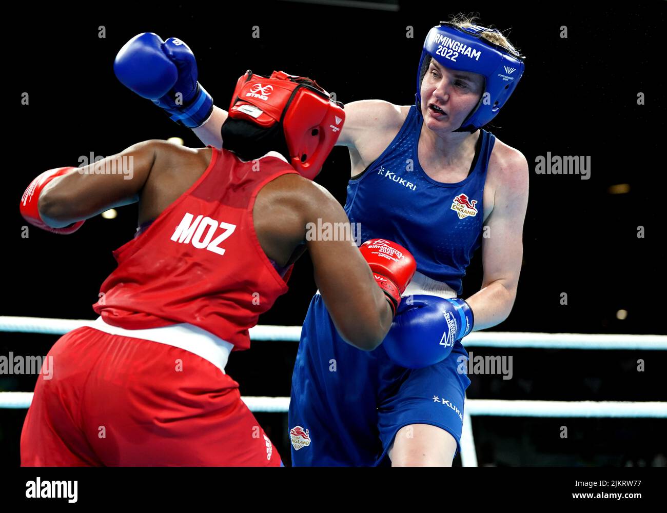 Mozambique's Rady Gramane on her way to victory against England's Kerry Davis (right) during the Women's Over 70kg-75kg (Middleweight) - Quarter-Final 1 at The NEC on day six of the 2022 Commonwealth Games in Birmingham. Picture date: Wednesday August 3, 2022. Stock Photo