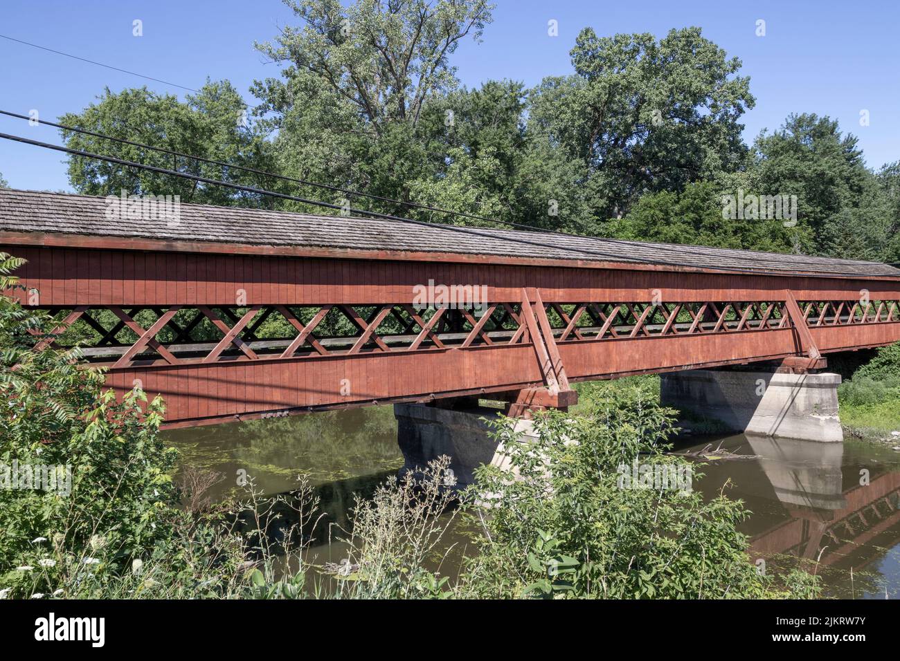 Covered Bridge over the Deep River in northern Indiana. Stock Photo