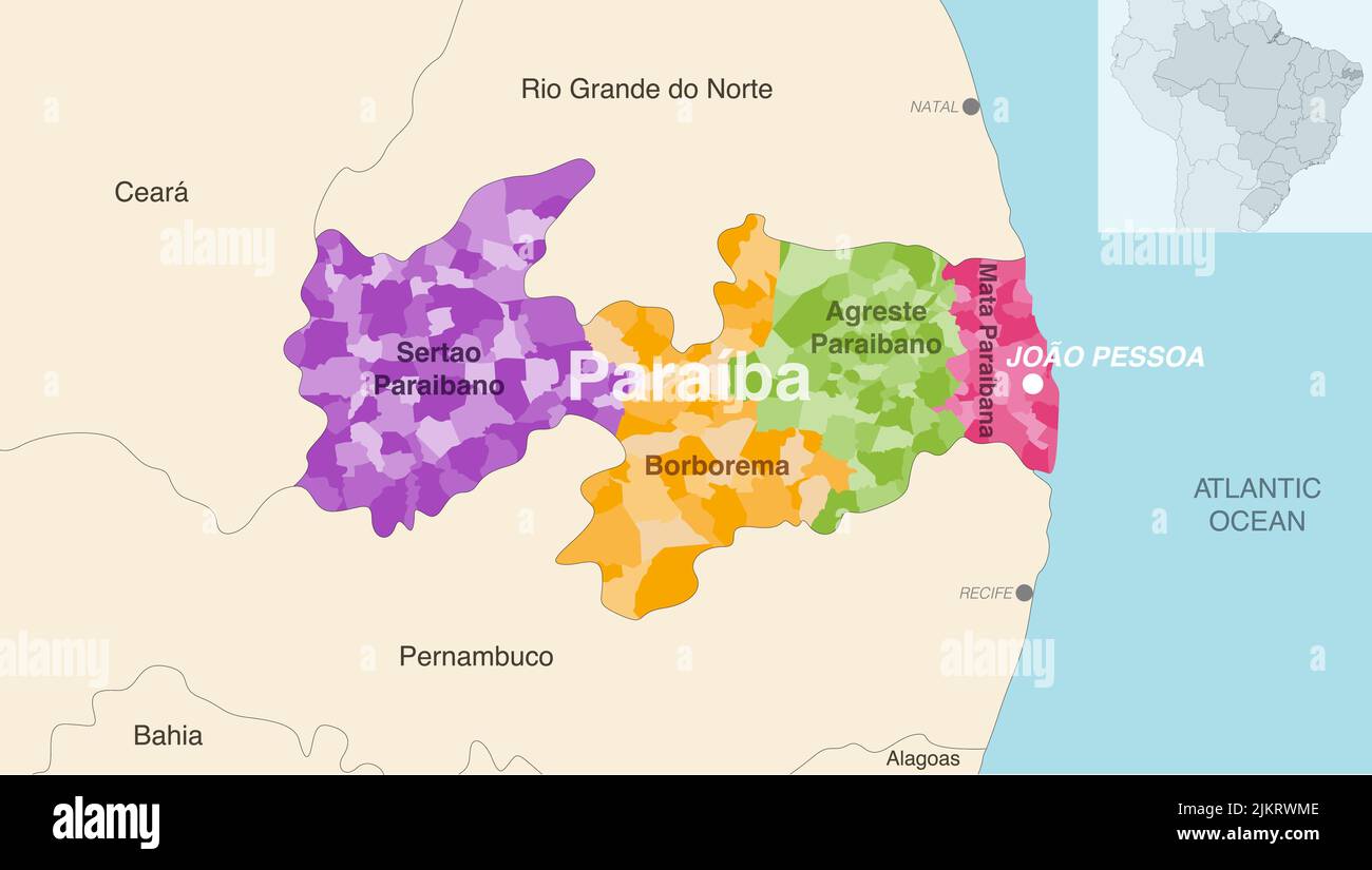 Brazil state Paraiba administrative map showing municipalities colored by state regions (mesoregions) Stock Vector