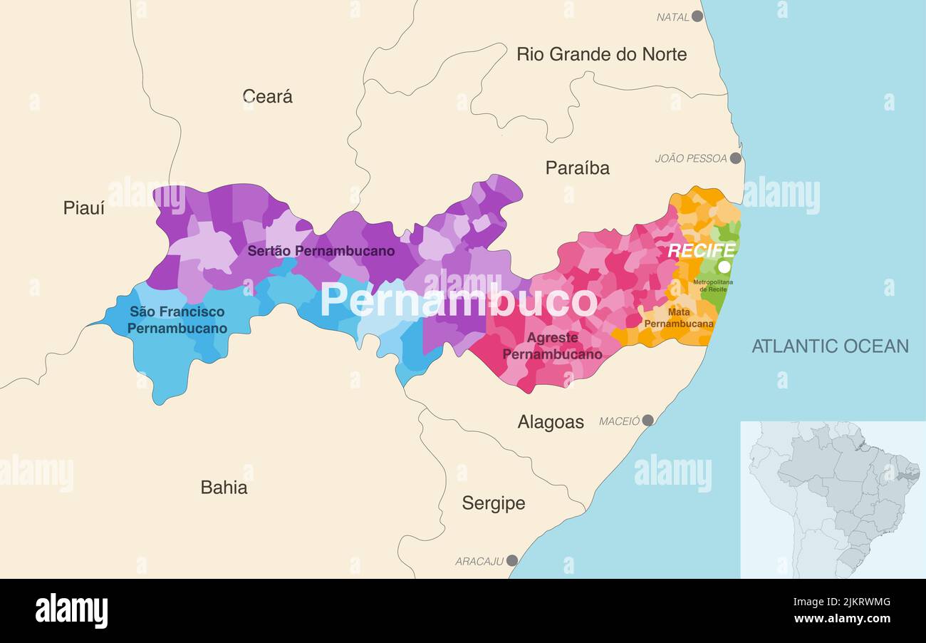 Brazil state Pernambuco administrative map showing municipalities colored by state regions (mesoregions) Stock Vector