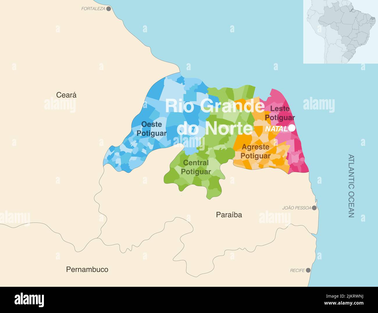 Brazil state Rio Grande do Norte administrative map showing municipalities colored by state regions (mesoregions) Stock Vector