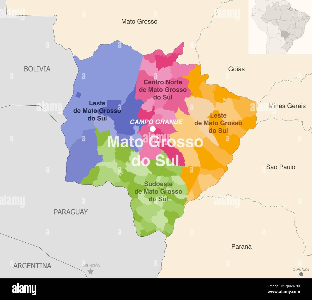 Brazil state Mato Grosso de Sul administrative map showing municipalities colored by state regions (mesoregions) Stock Vector