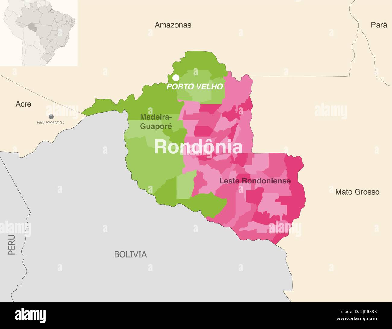 Brazil state Rondonia administrative map showing municipalities colored by state regions (mesoregions) Stock Vector