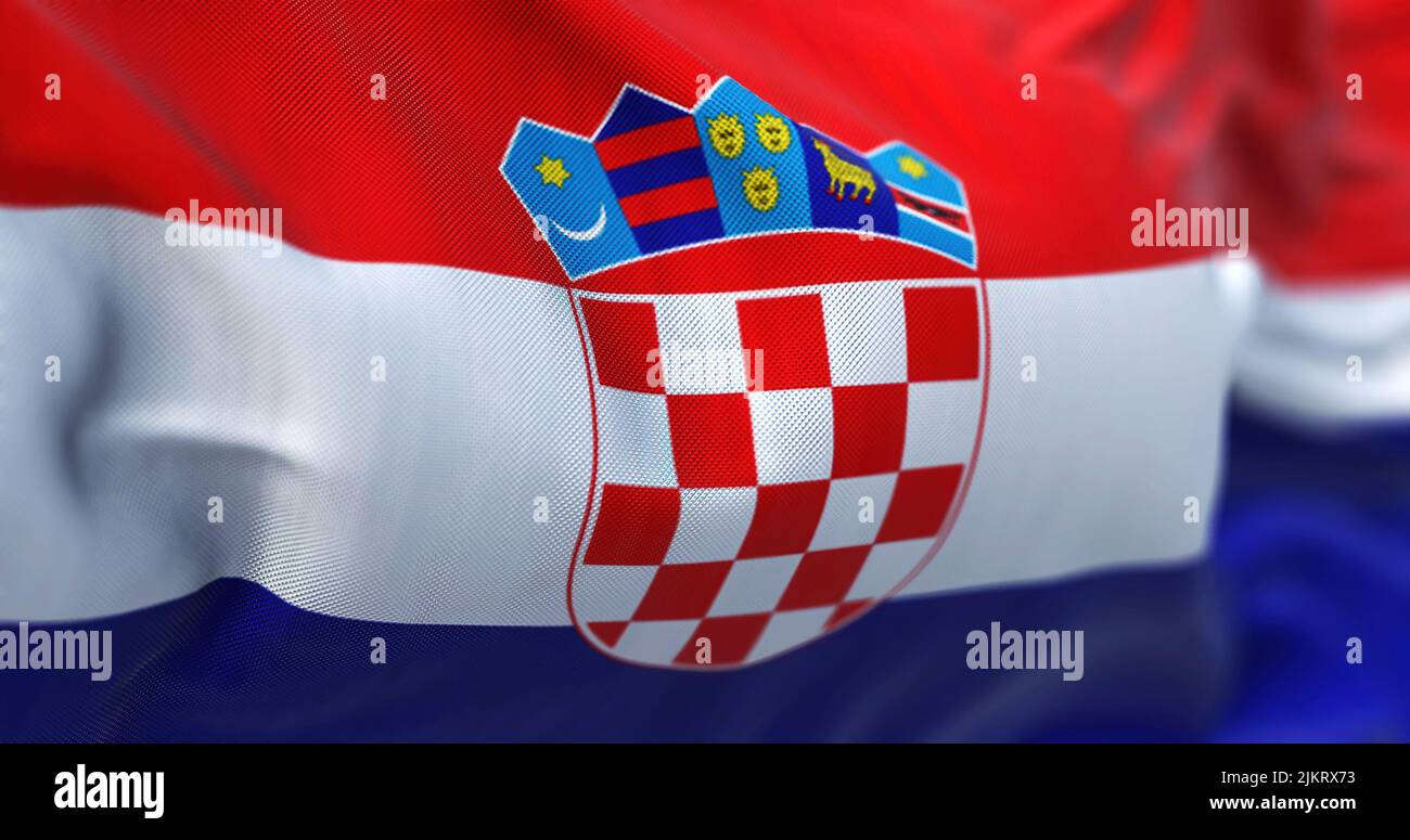 Close-up view of the Croatian national flag waving in the wind. Croatia ...