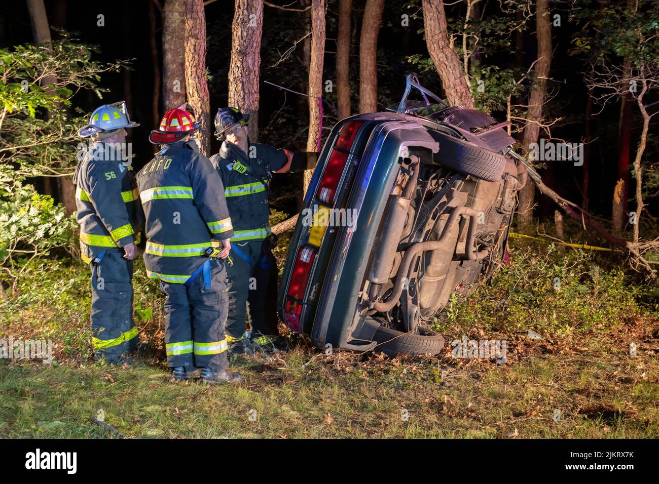 At 11:33 p.m. on Monday, September 16th, members of the East Hampton Fire Department were called to Daniels Hole Road near the LIRR trestle for a repo Stock Photo