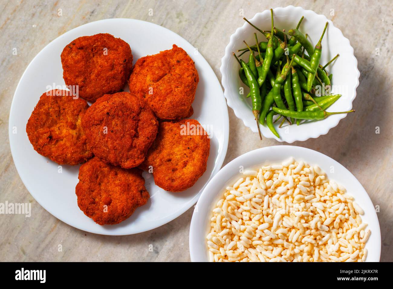 selective focus of 'Aloo Chop', an Indian snack made of gram flour and potatoes. Stock Photo