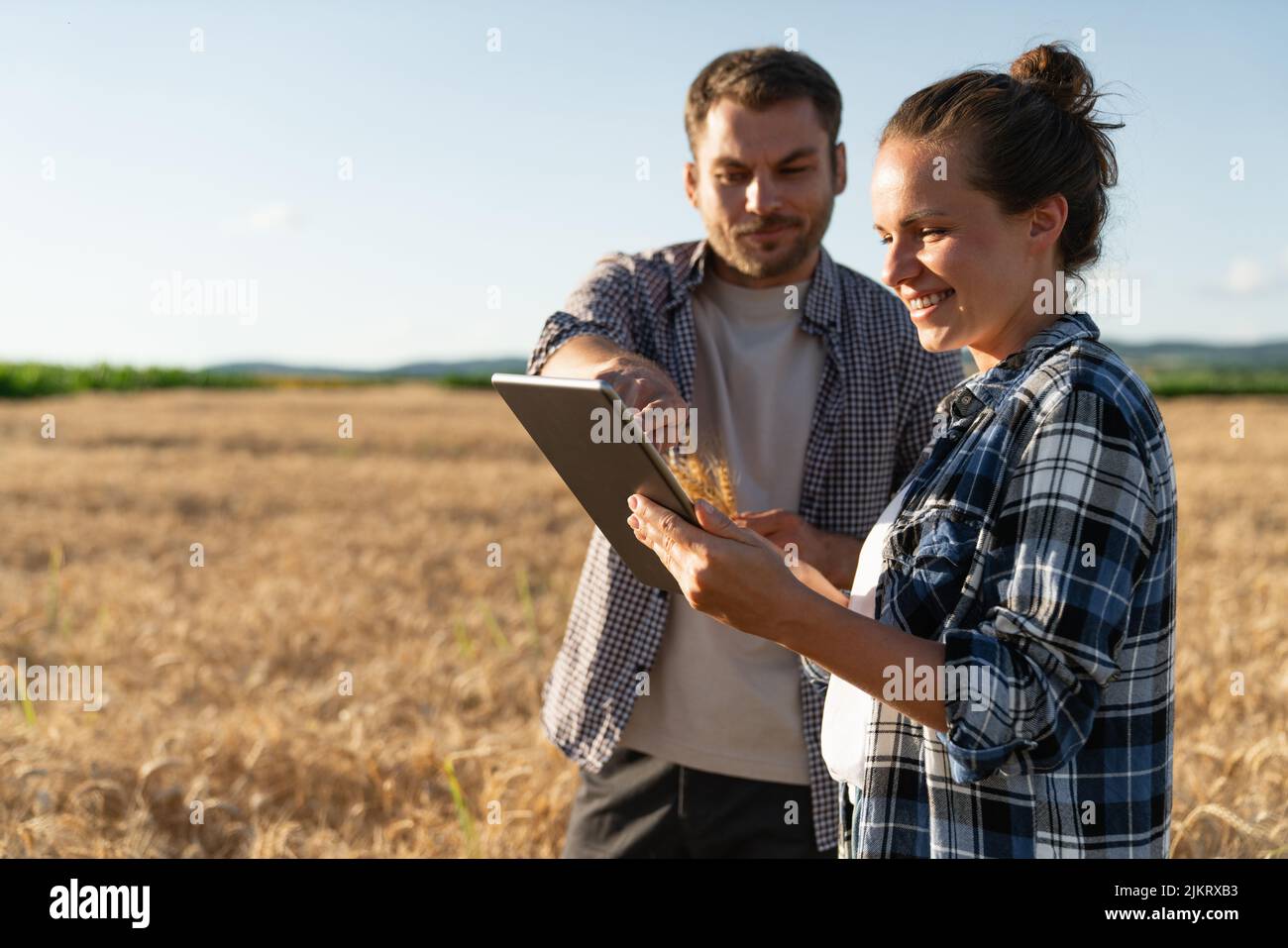 Couple of farmers examines the field of cereals and sends data to the cloud from the tablet. Smart farming and digital agriculture.  Stock Photo