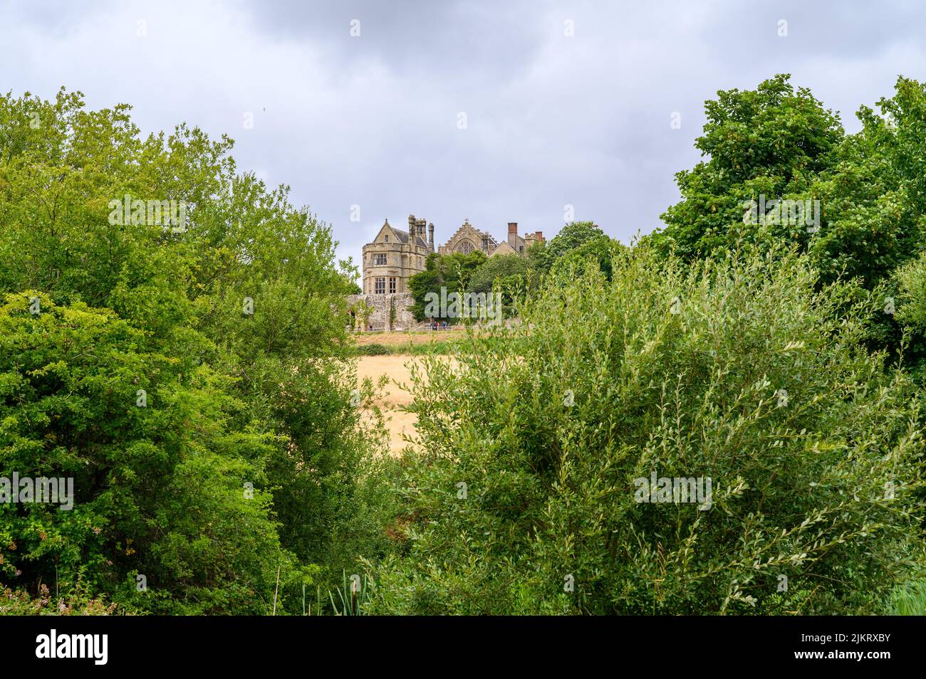 Battle Abbey situated on top of the battlefield of the Battle of Hastings in 1066 with trees and bushes in the foreground, East Sussex, England. Stock Photo
