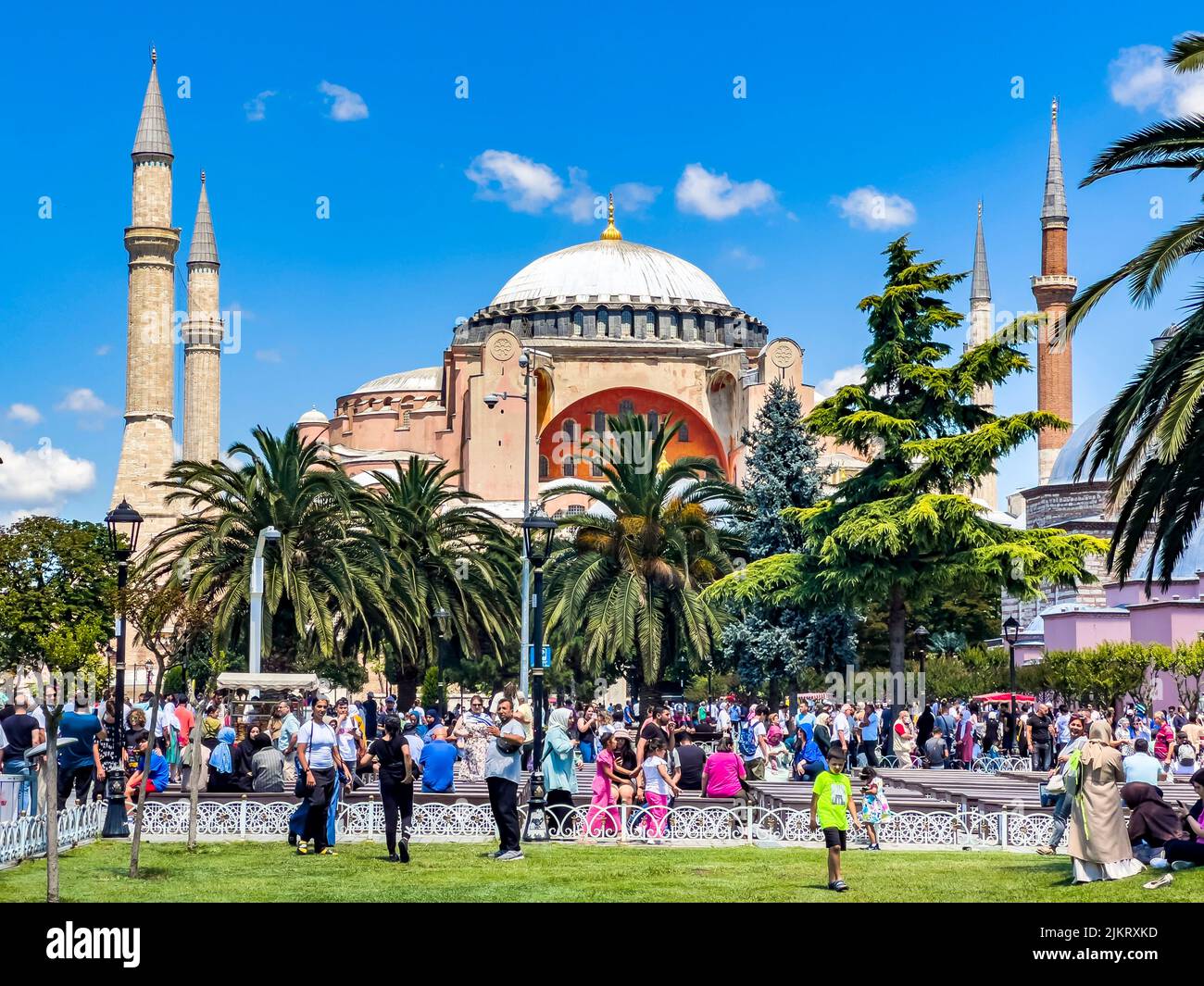 Istanbul Turkey - July 14, 2022: The magnificent and beautiful Hagia Sophia church, museum, mosque visited by international tourist crowds. Sunny day Stock Photo
