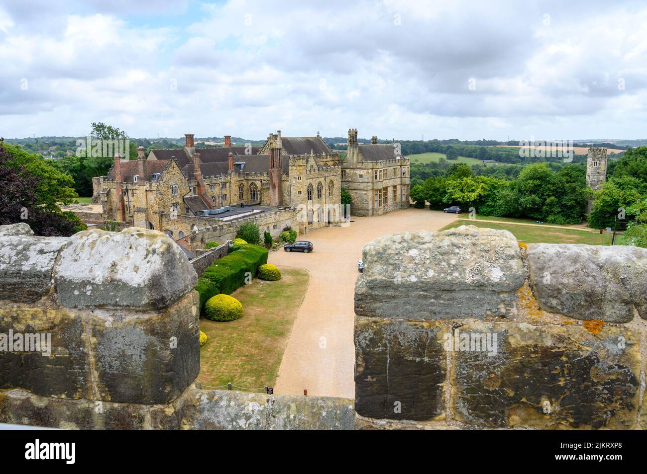 View from Abbey rooftop viewing platform to Abbot's great hall at Battle, East Sussex, England. Stock Photo