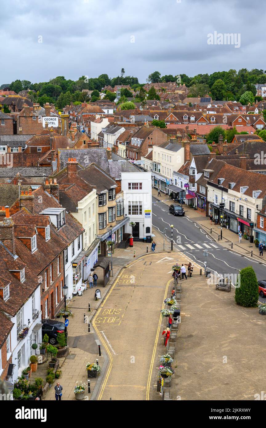 View from Abbey rooftop viewing platform over Battle town center and High Street, East Sussex, England. Stock Photo