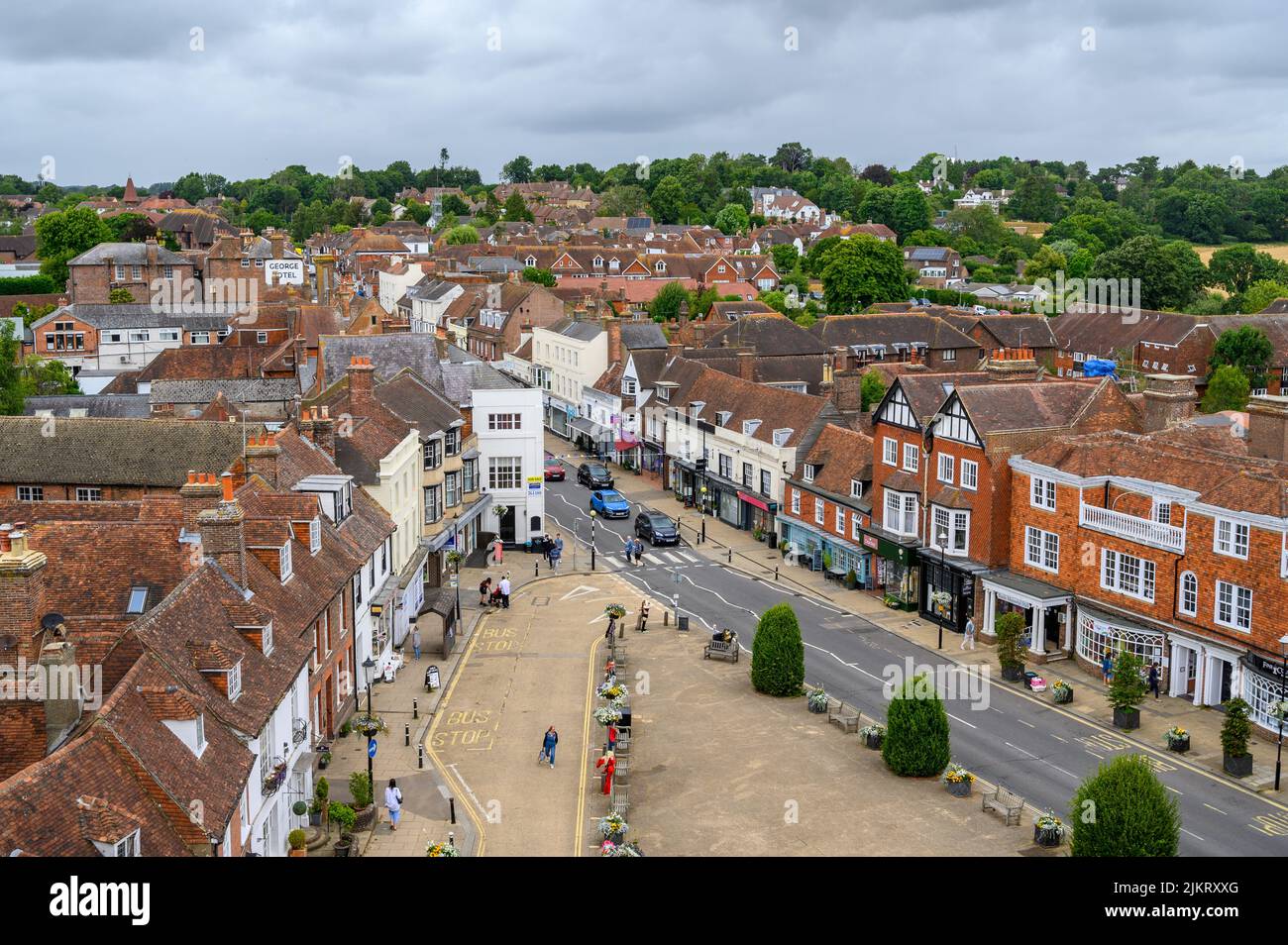 View from Abbey rooftop viewing platform over Battle town center and High Street, East Sussex, England. Stock Photo