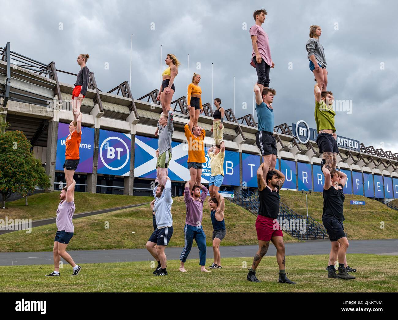 Edinburgh, Scotland, United Kingdom, 3rd August 2022. Edinburgh International Festival Fringe: opening event Macro preview. Media call with Gravity and Other Myths acrobats performing stunts, including a human tower. Credit: Sally Anderson/Alamy Live News Stock Photo