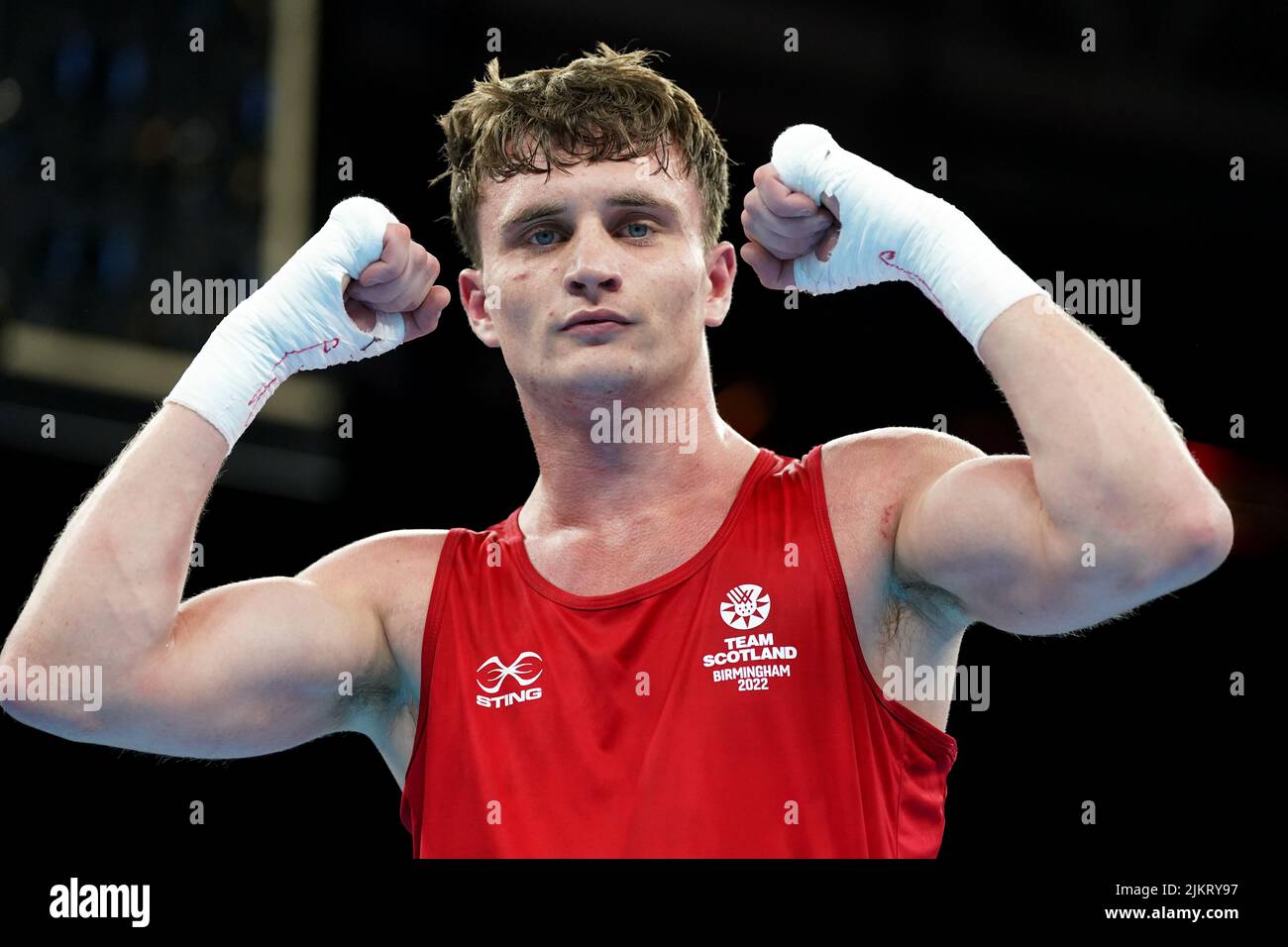 Scotland's Sam Hickey celebrates victory over Nigeria's Adeyinka Benson following the Men's Over 71kg-75kg (Middleweight) - Quarter-Final 2 at The NEC on day six of the 2022 Commonwealth Games in Birmingham. Picture date: Wednesday August 3, 2022. Stock Photo
