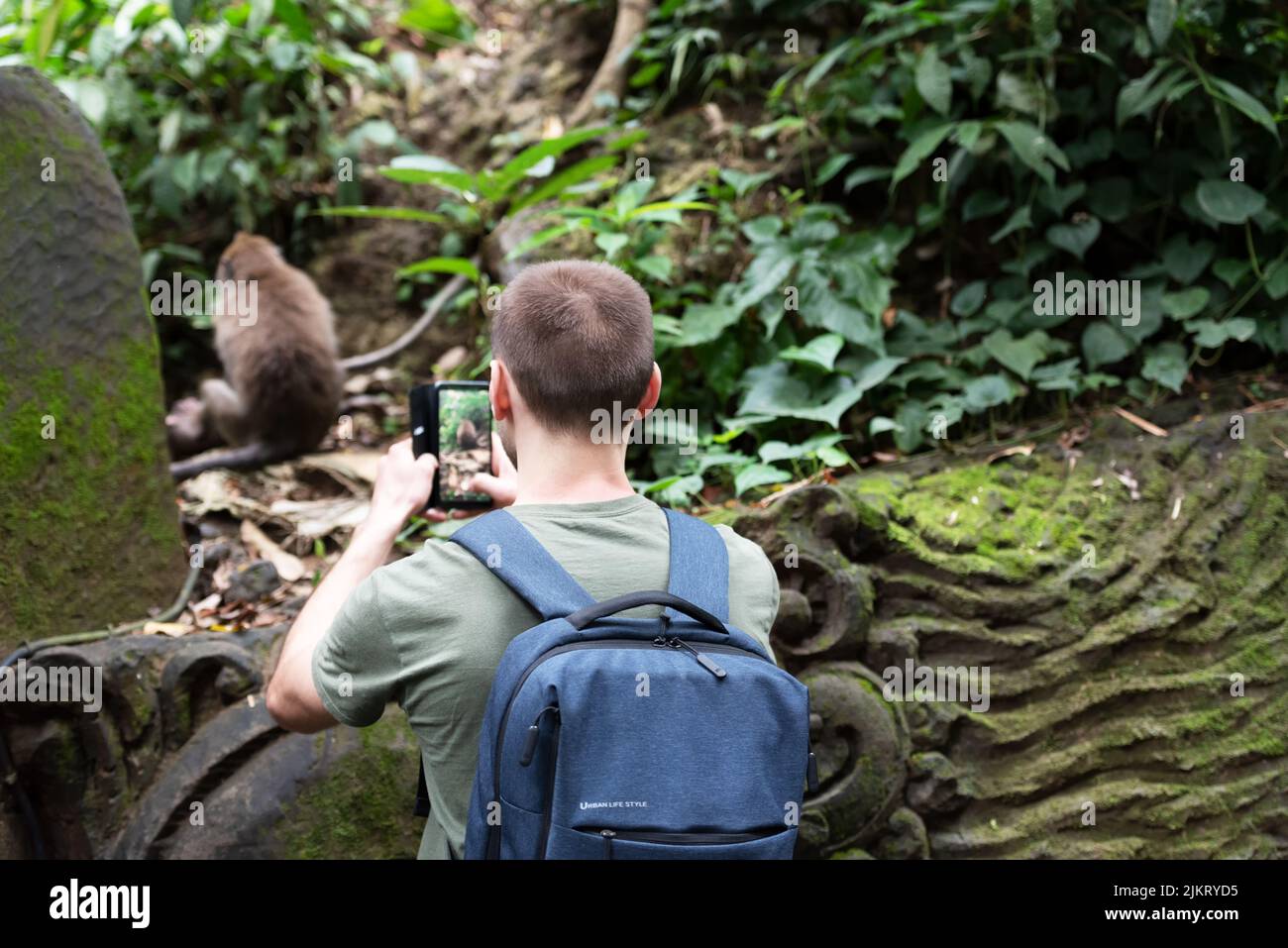 Bali, Indonesia - April 04, 2019: Man taking photo of monkey with smart phone in Ubud Monkey Forest. Stock Photo